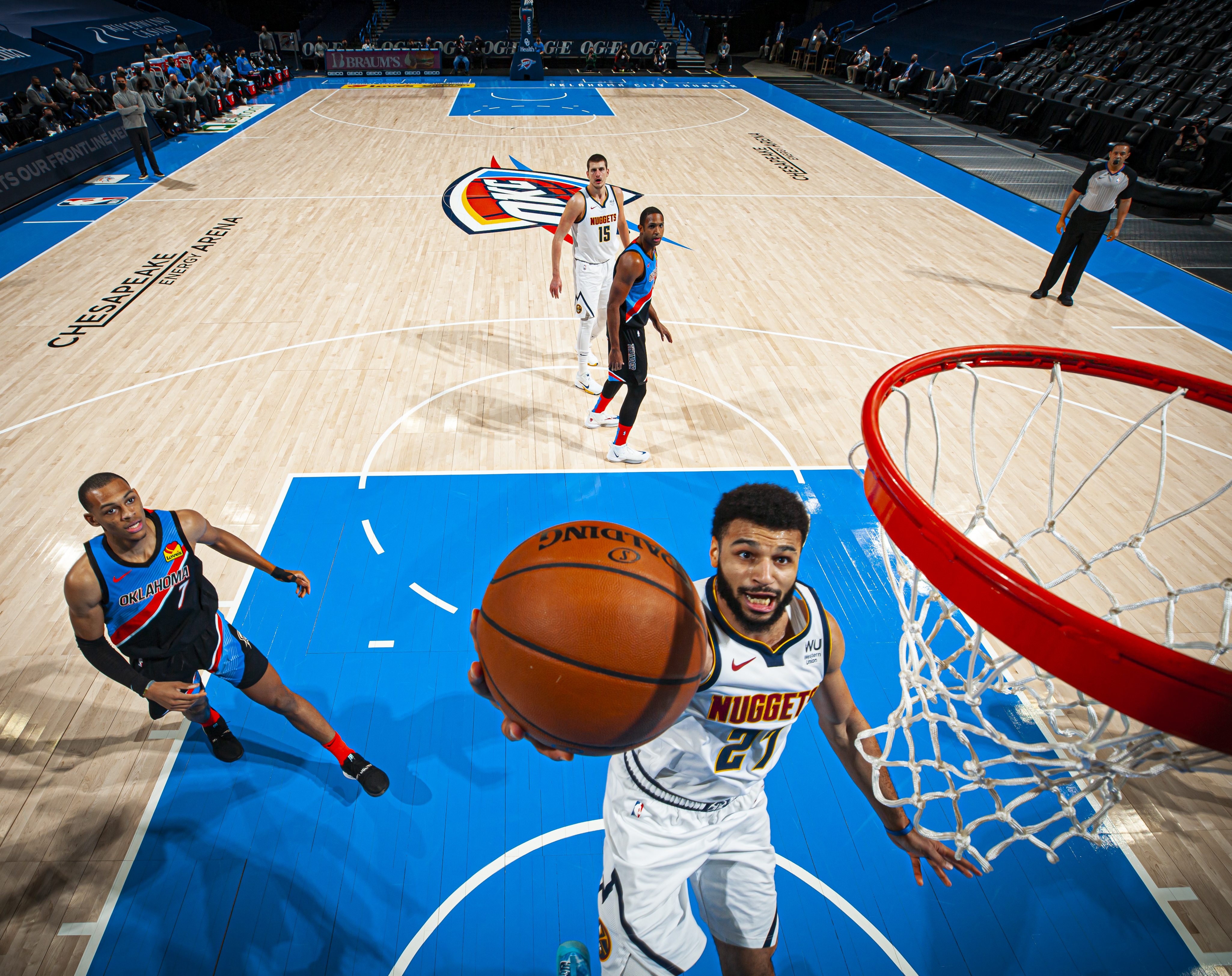 Jamal Murray of the Denver Nuggets shoots the ball during the game against the Oklahoma City Thunder on February 27, 2021 at Chesapeake Energy Arena in Oklahoma City, Oklahoma.&nbsp;