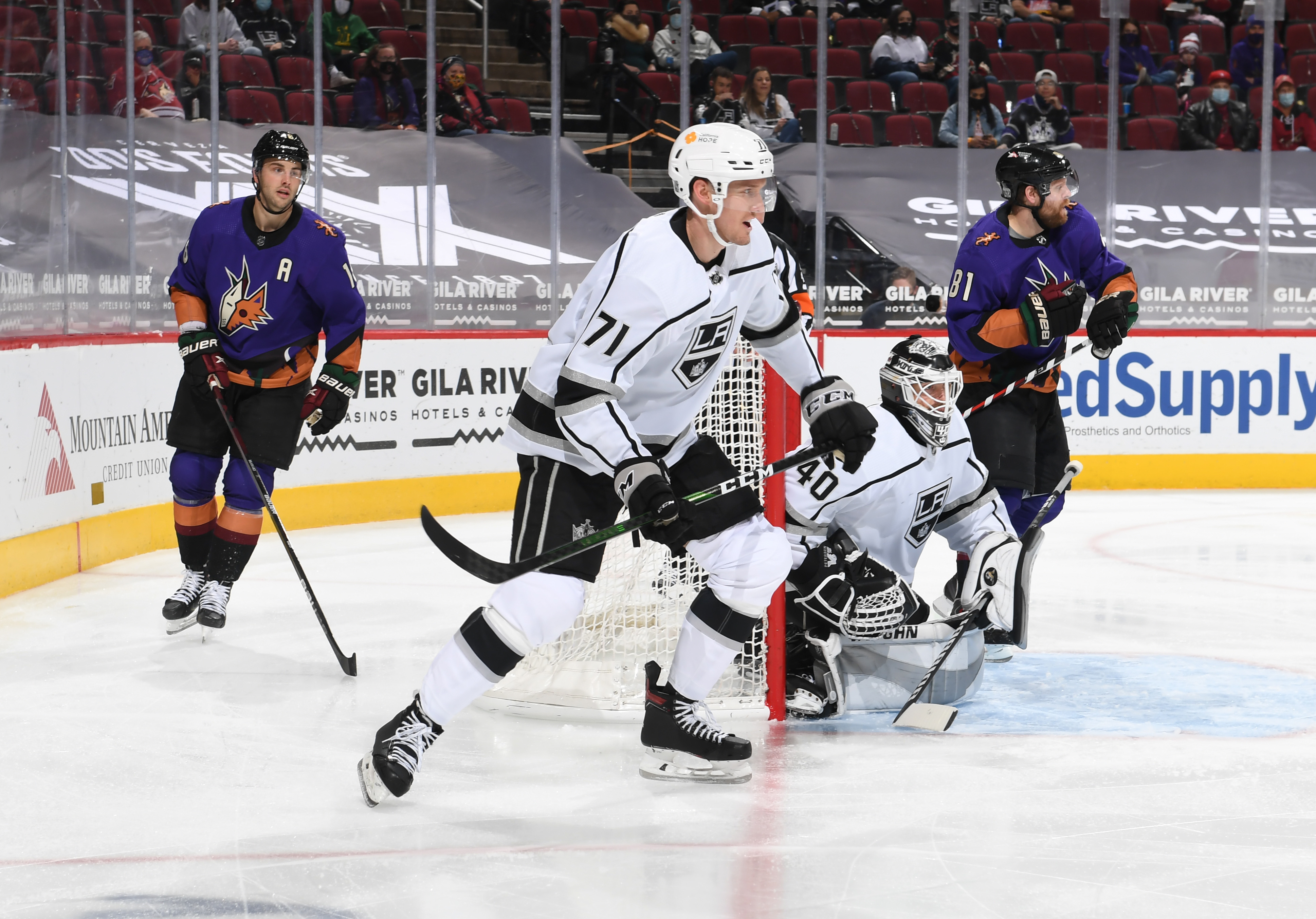 Austin Strand #71 of the Los Angeles Kings skates up ice against the Arizona Coyotes at Gila River Arena on February 20, 2021 in Glendale, Arizona.