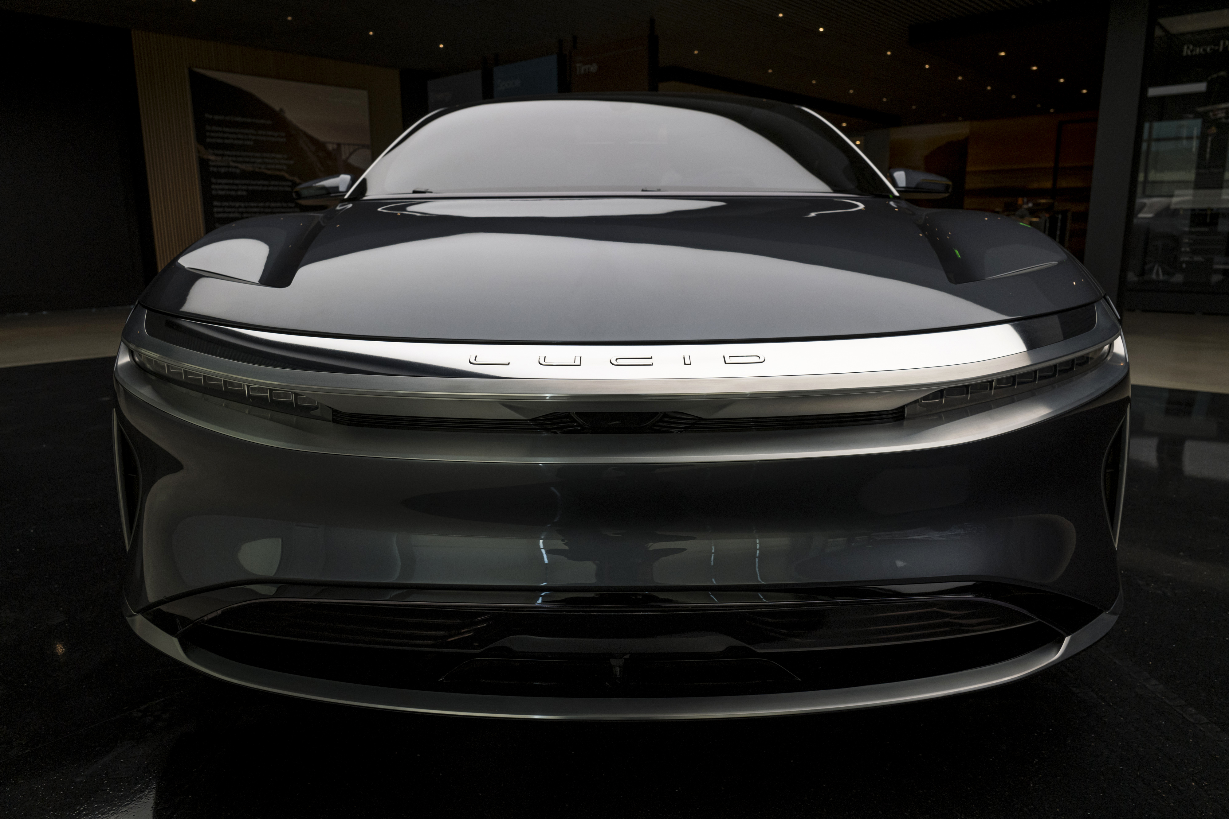 The front of a car made by Lucid Motors.