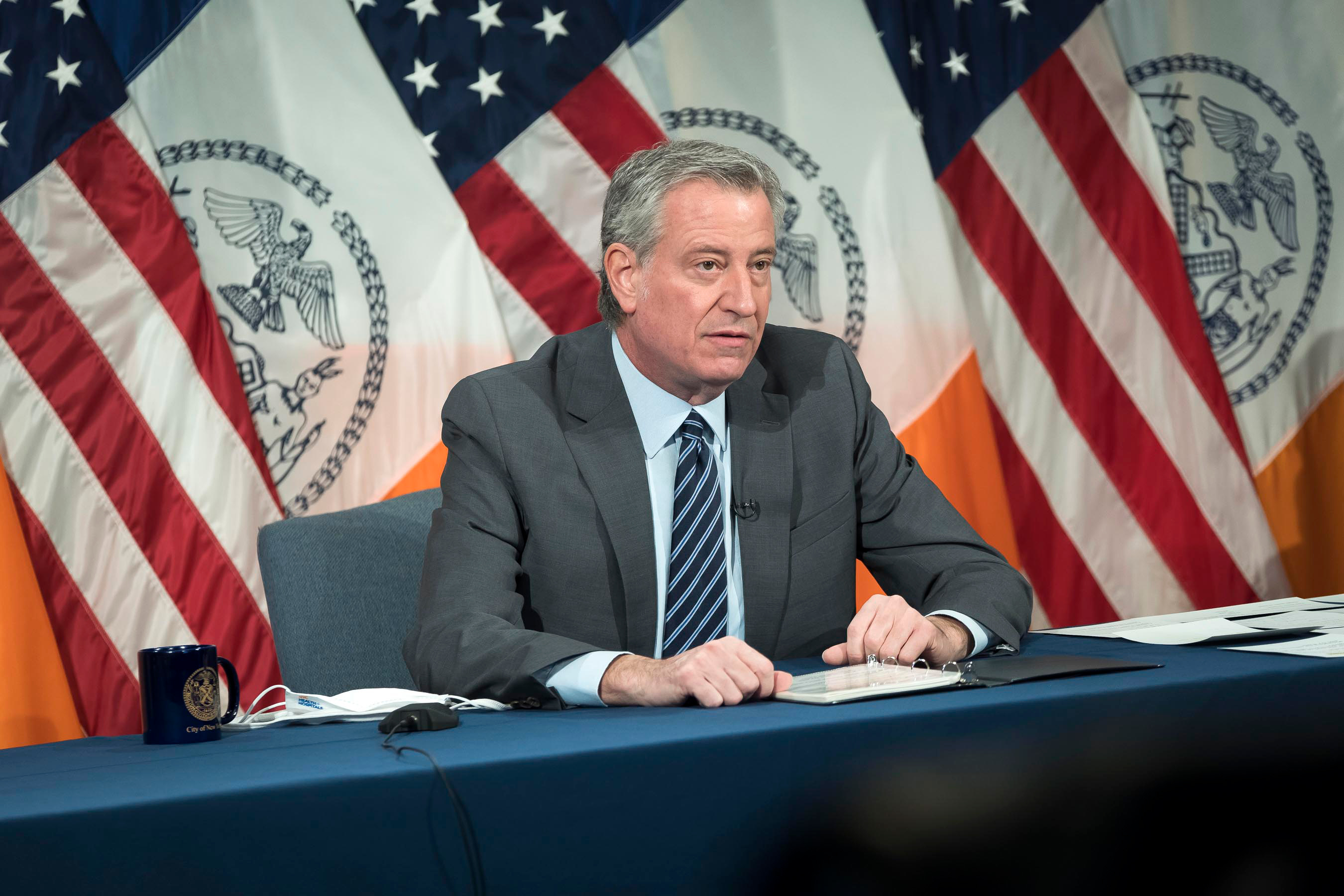Mayor Bill de Blasio holds a press conference at City Hall, March 10, 2021.