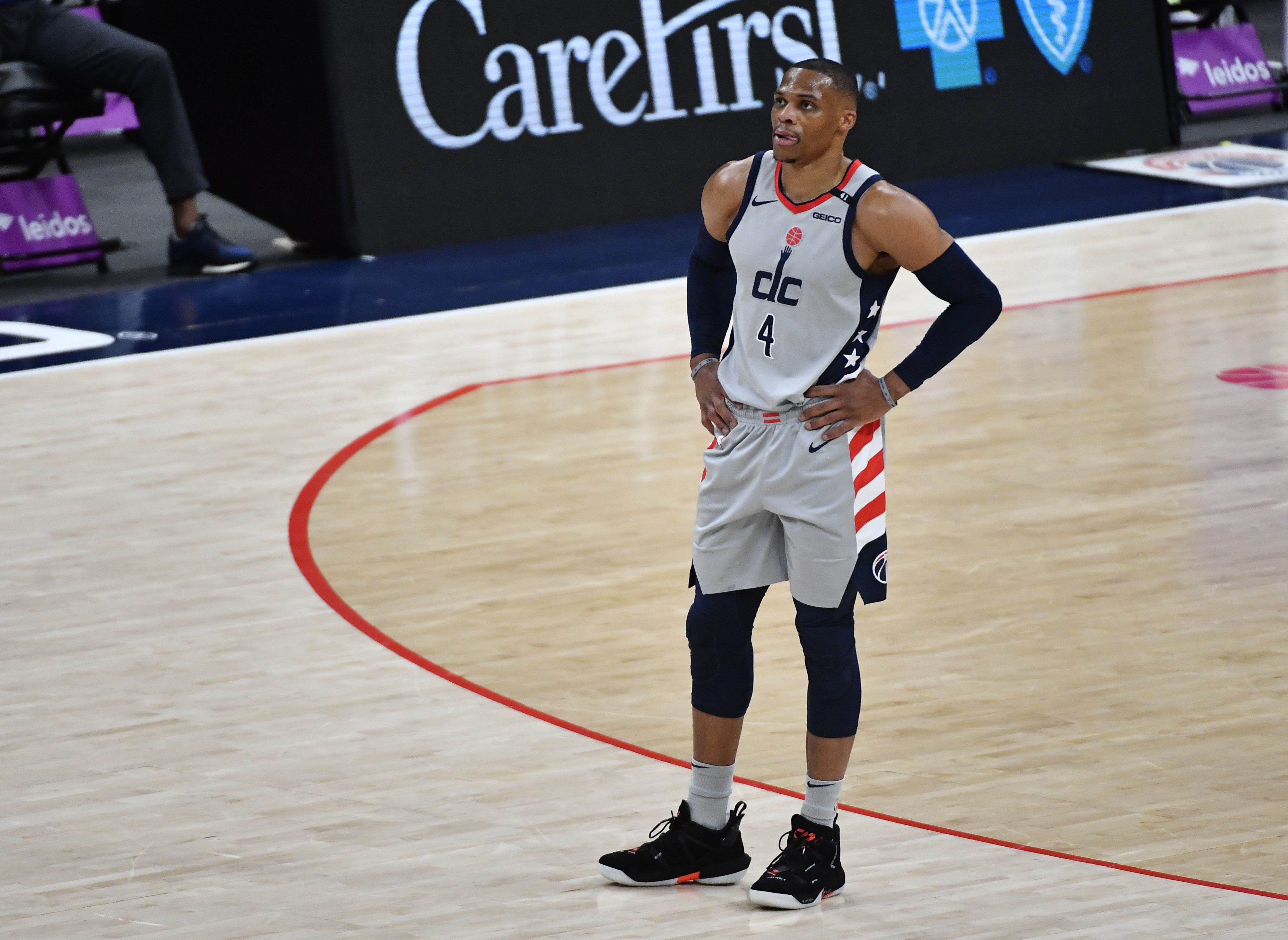 Washington Wizards guard Russell Westbrook on the court against the Philadelphia 76ers during the first quarter at Capital One Arena.