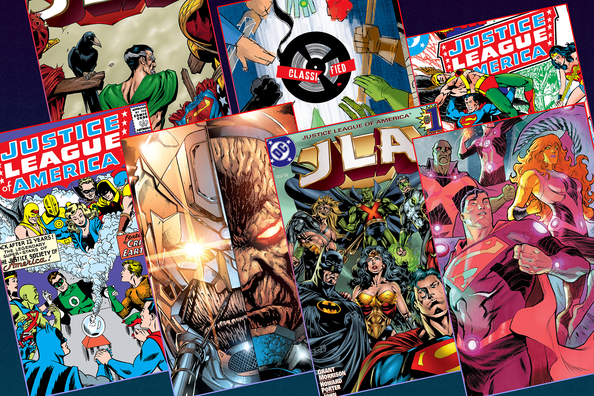 Graphic featuring seven different covers of Justice League comics