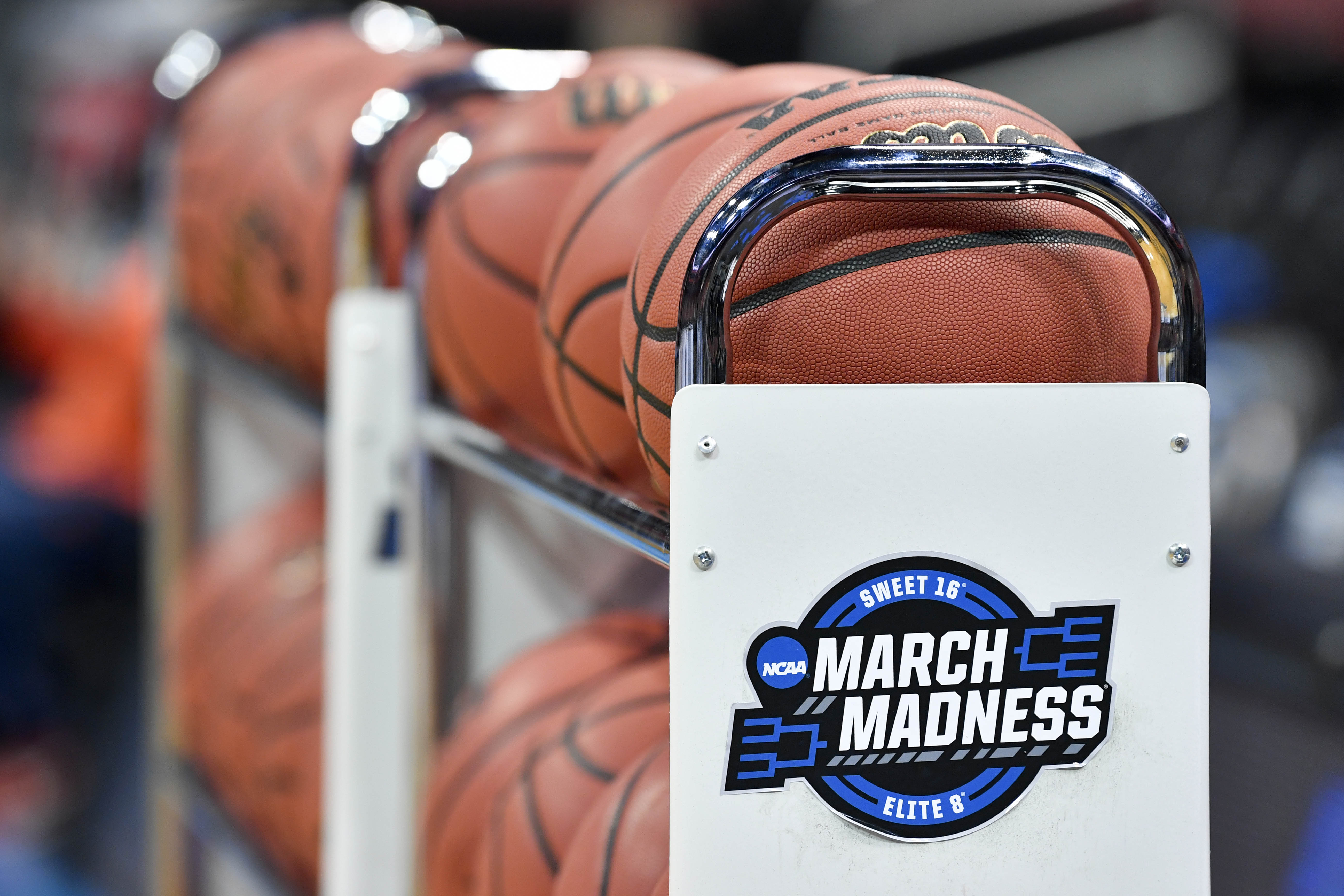 View of the basketball rack with the March Madness logo during practice for the south regional of the 2019 NCAA Tournament at KFC Yum Center.