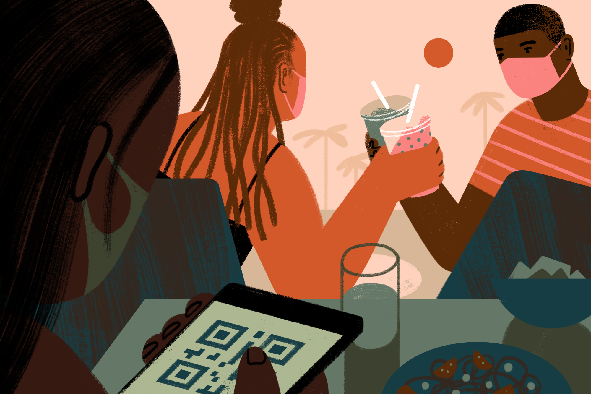 Illustration of two people wearing masks toasting their drinks outdoors; and one woman looking at a QSR code on her phone.