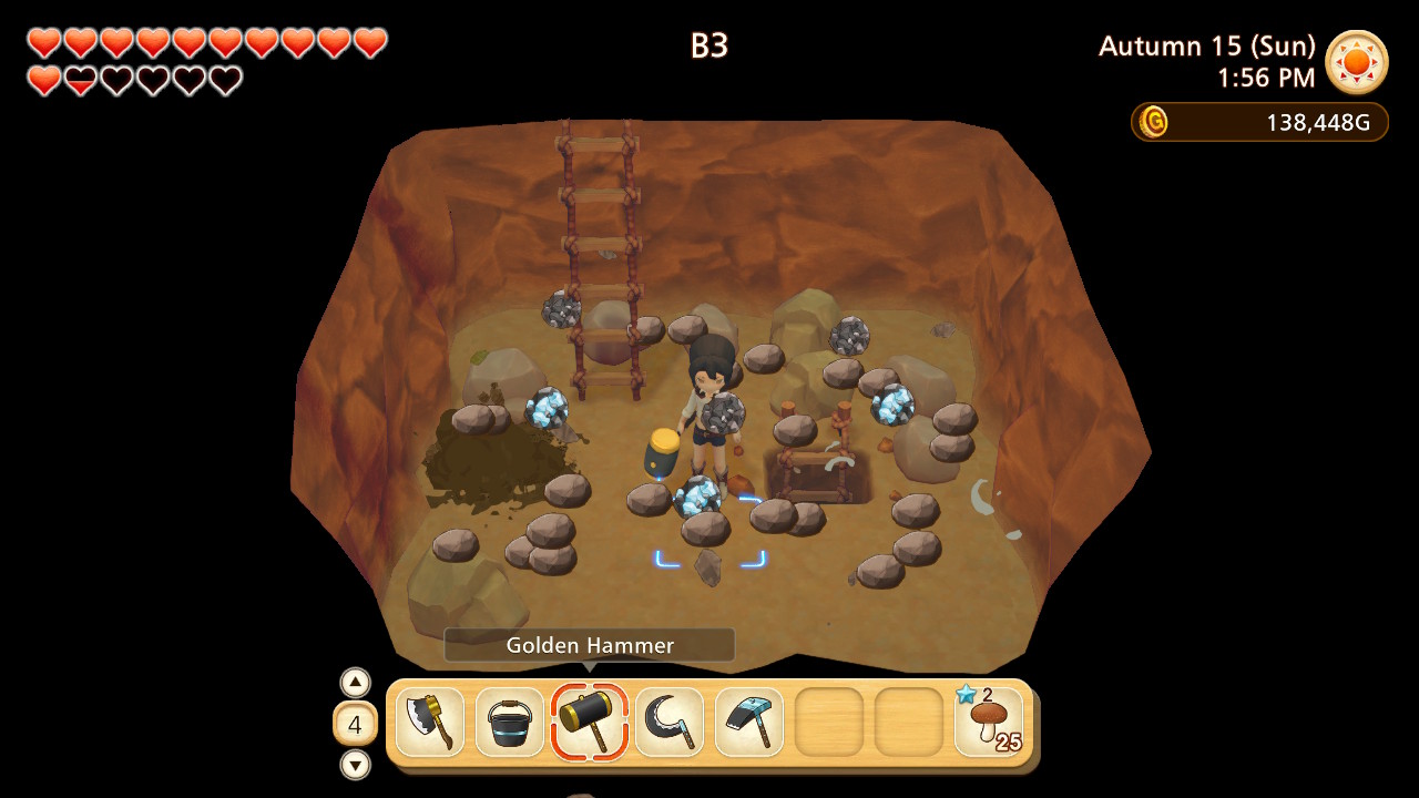 A farmer in a mine surrounded by an explosion of rock, Iron Ore, and Silver Ore