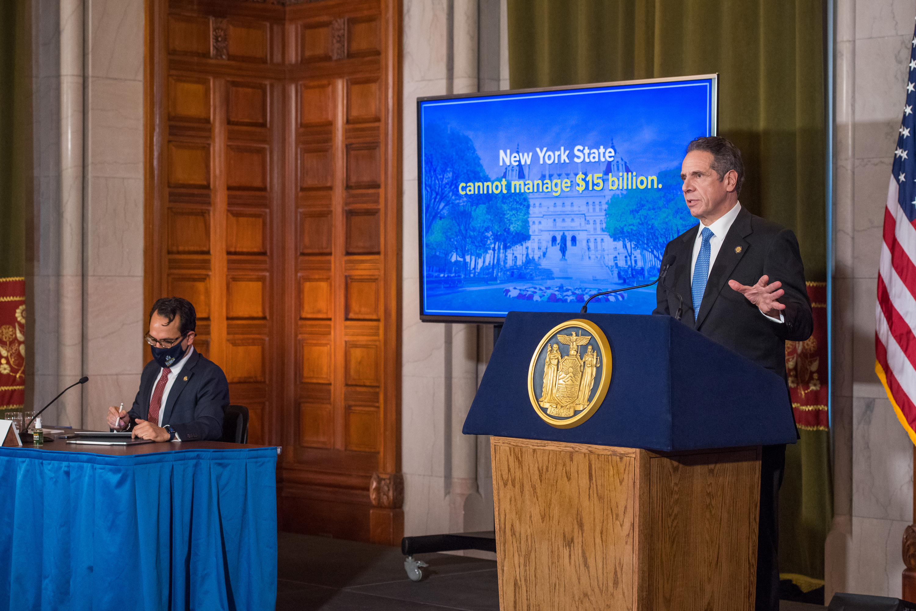Governor Andrew Cuomo unveils his proposed budget in Albany, Jan. 19, 2021.