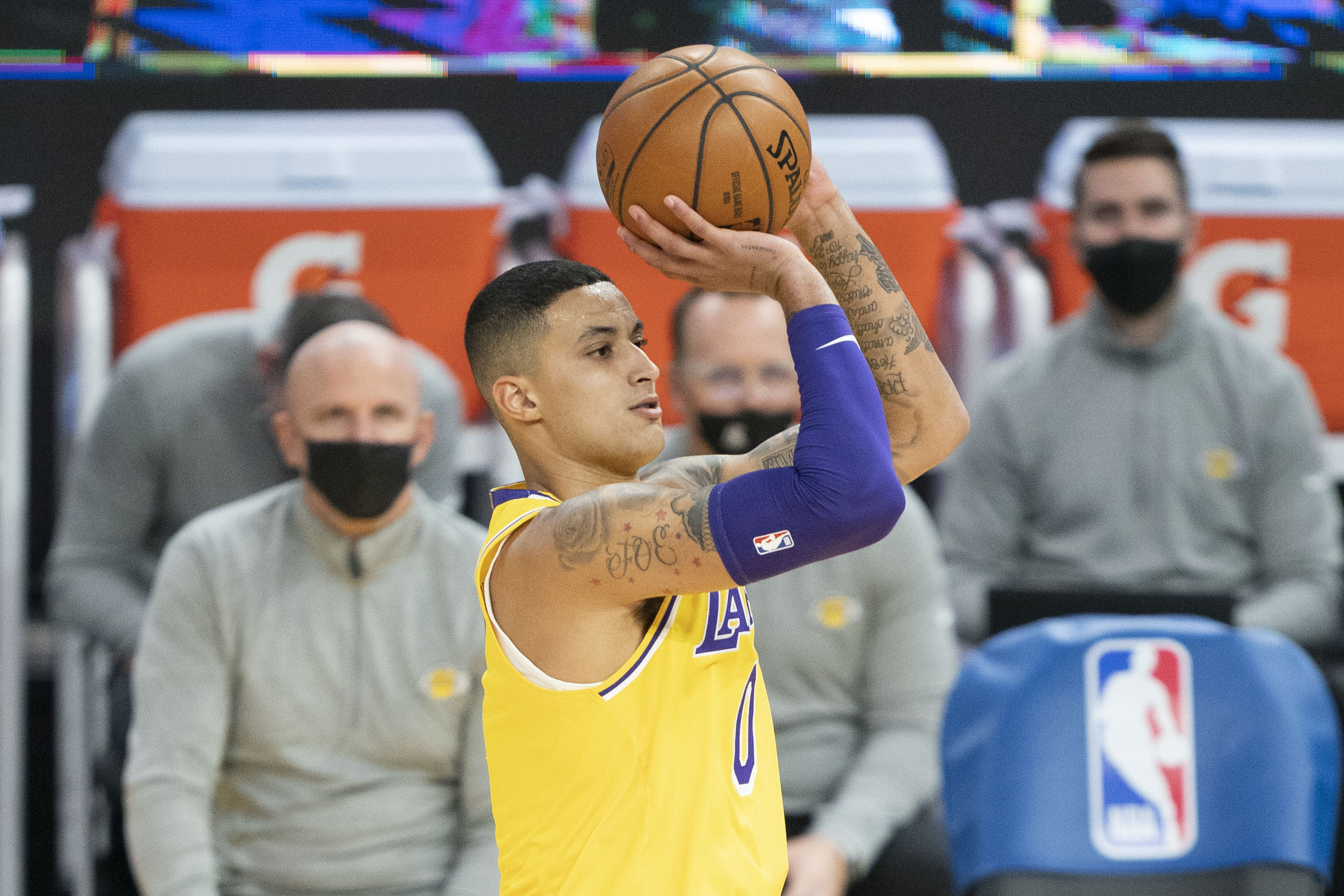 Los Angeles Lakers forward Kyle Kuzma shoots the basketball against the Golden State Warriors during the first quarter at Chase Center.