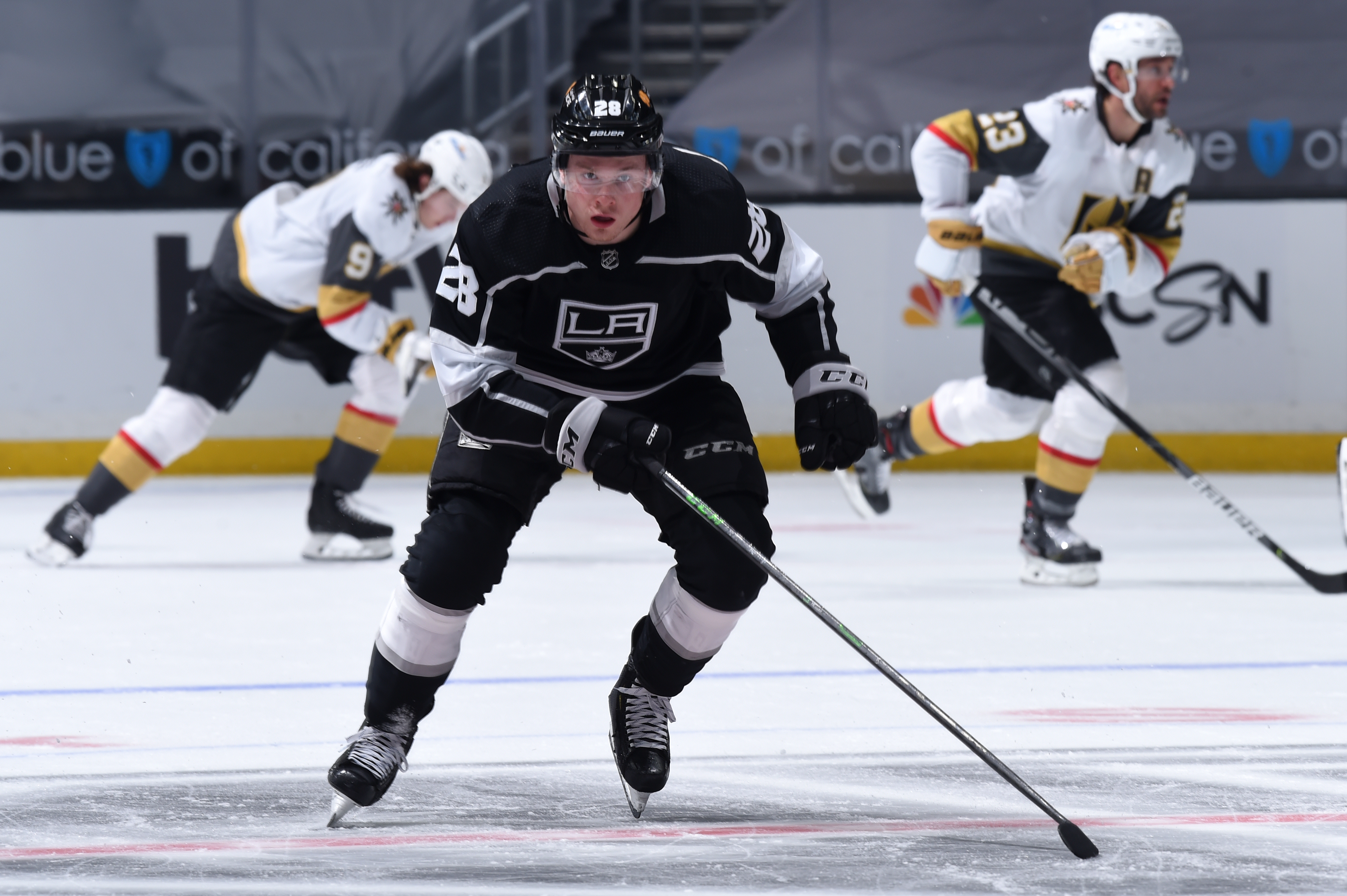 Jaret Anderson-Dolan #28 of the Los Angeles Kings skates on the ice during the second period against the Vegas Golden Knights at STAPLES Center on March 21, 2021 in Los Angeles, California.