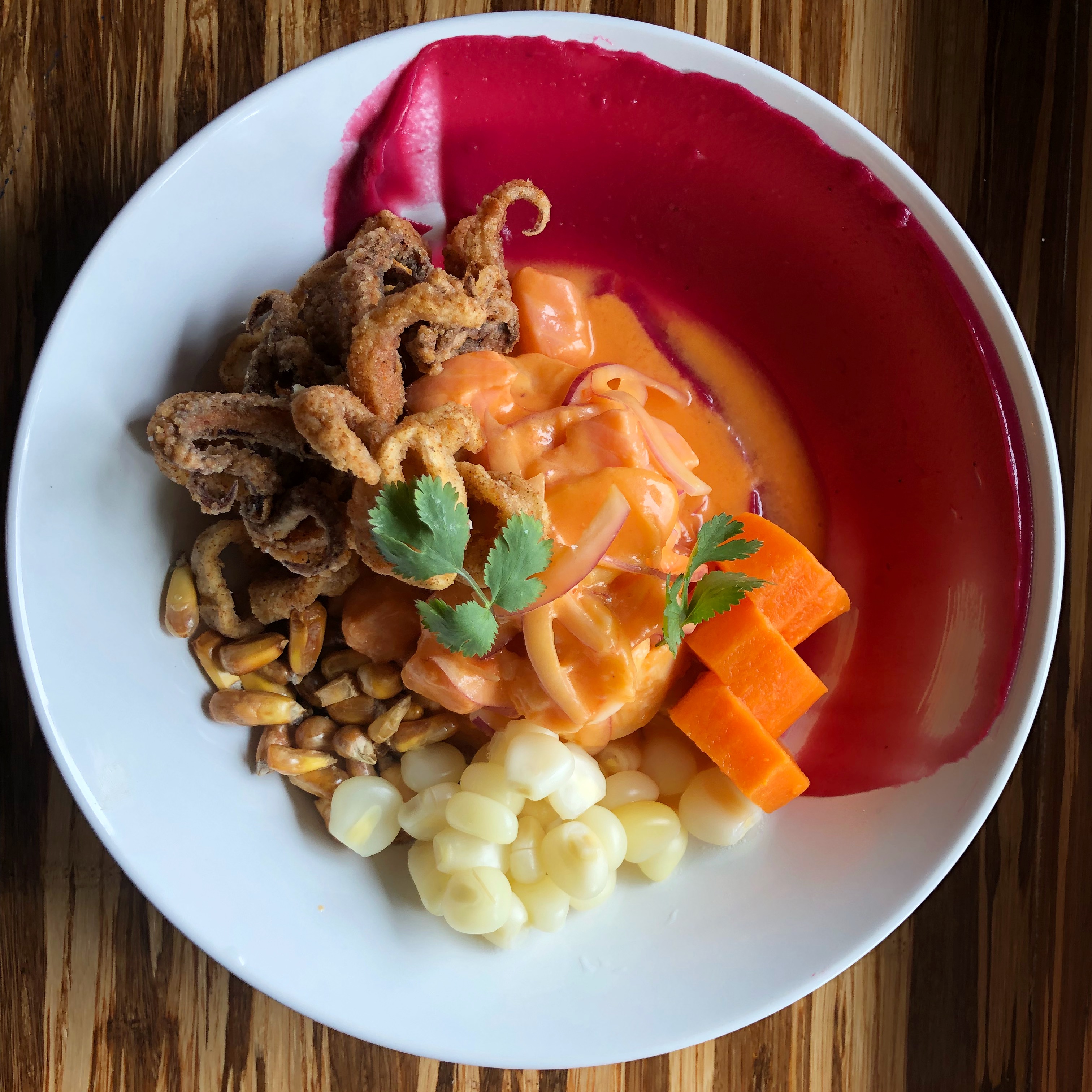 A bowl of ceviche with hunks of raw fish, sweet potato, corn, and just a touch of fried calamari.