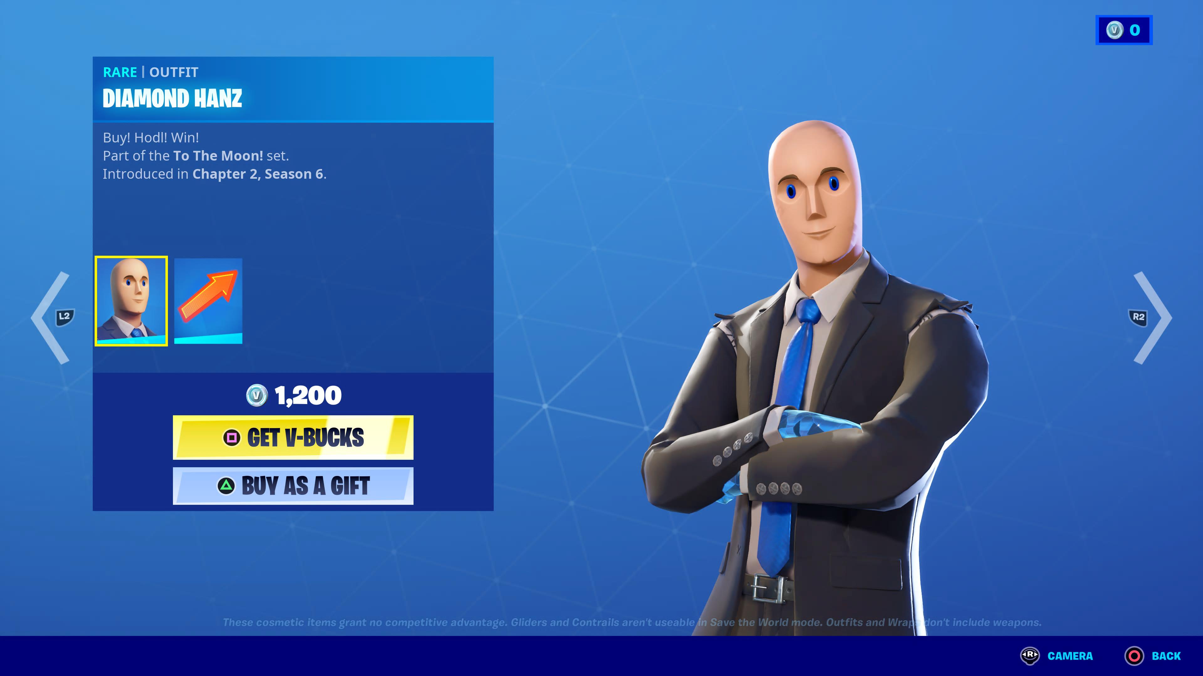 Fortnite marketplace showing “Diamond Hanz,” who is based on the STONKS! meme