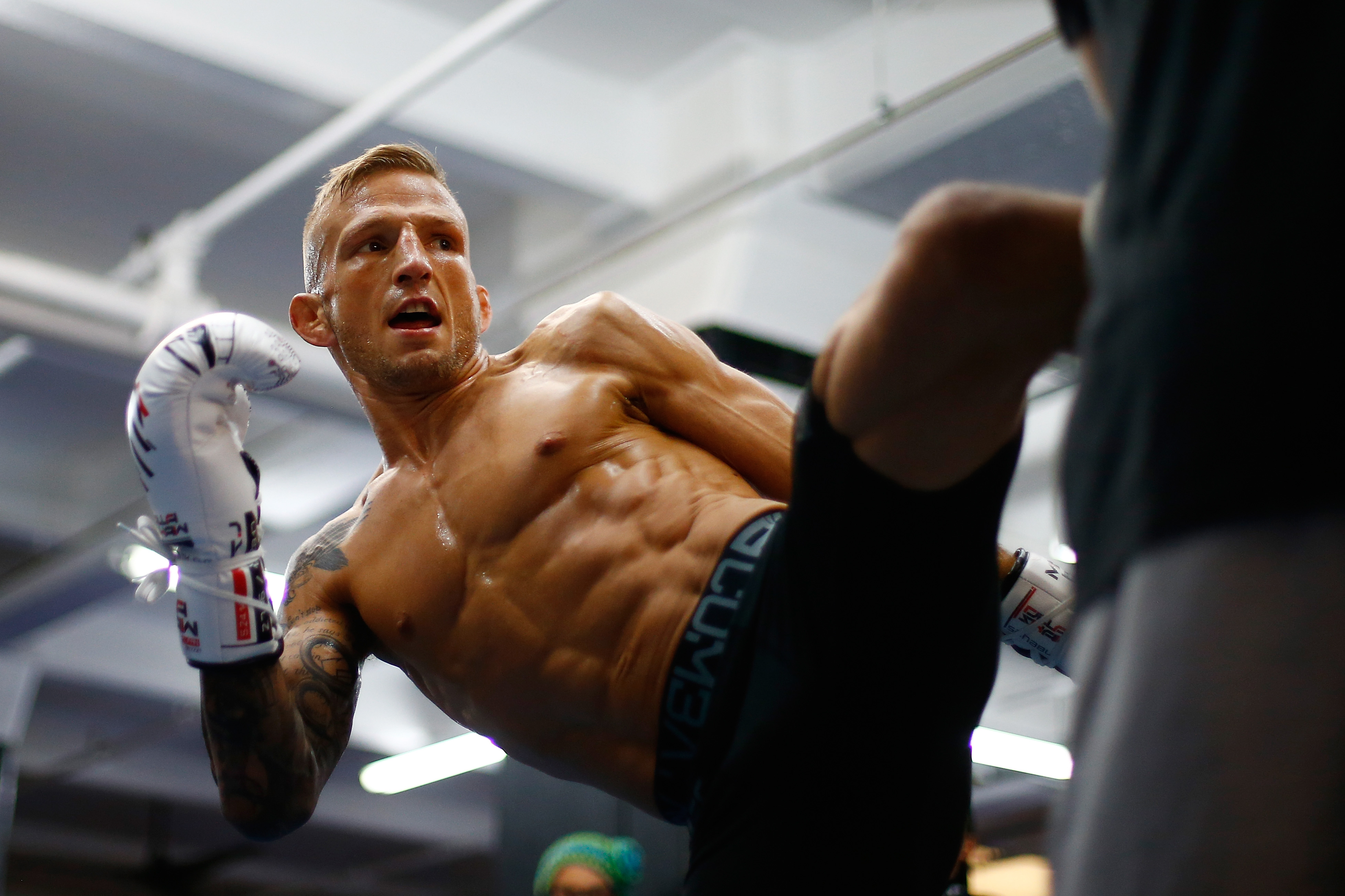 TJ Dillashaw during open workouts for UFC Fight Night: Cejudo vs. Dillashaw in 2019. 