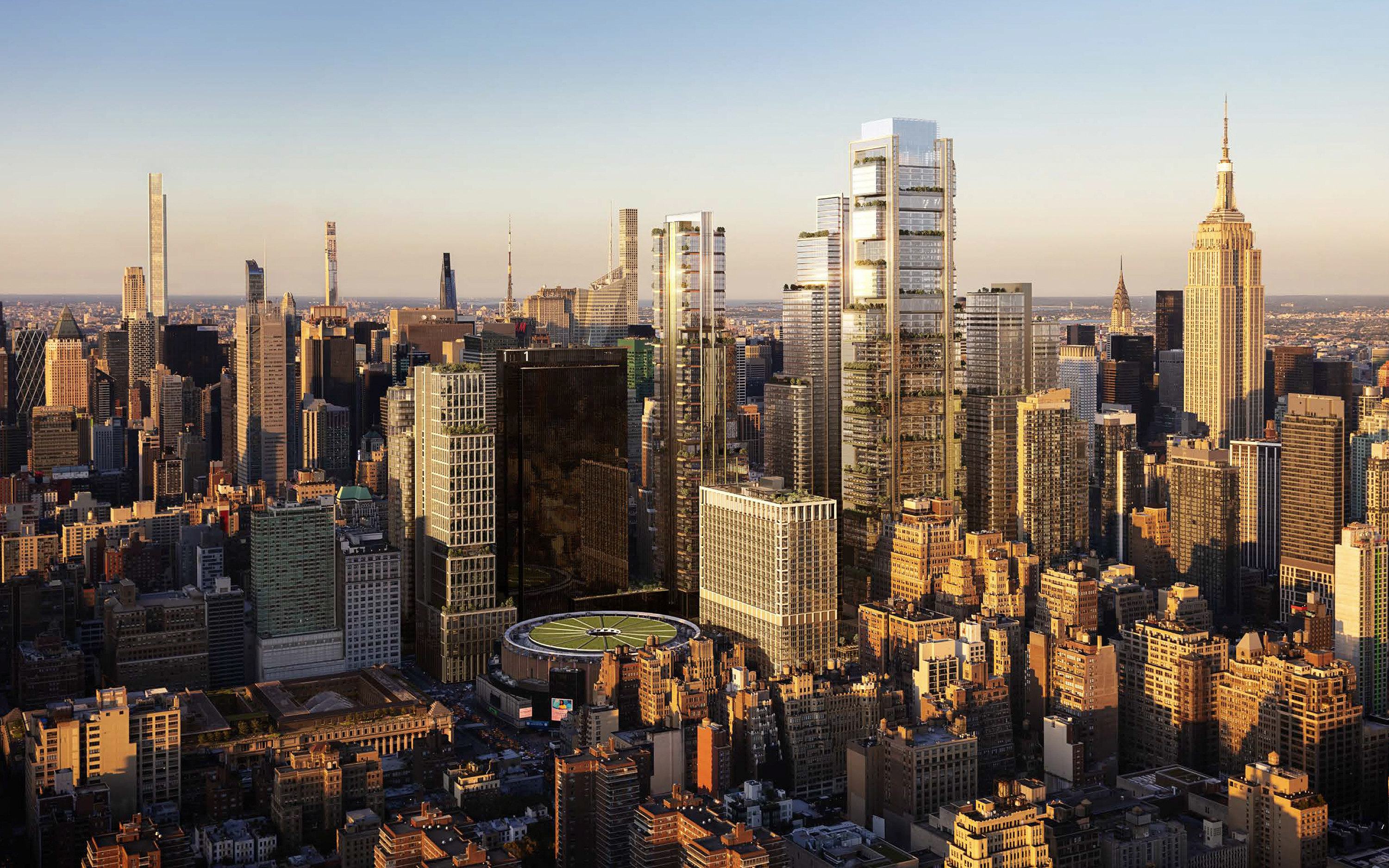 A rendering of the new New York skyline via a developer linked to the Empire Station Complex proposal.