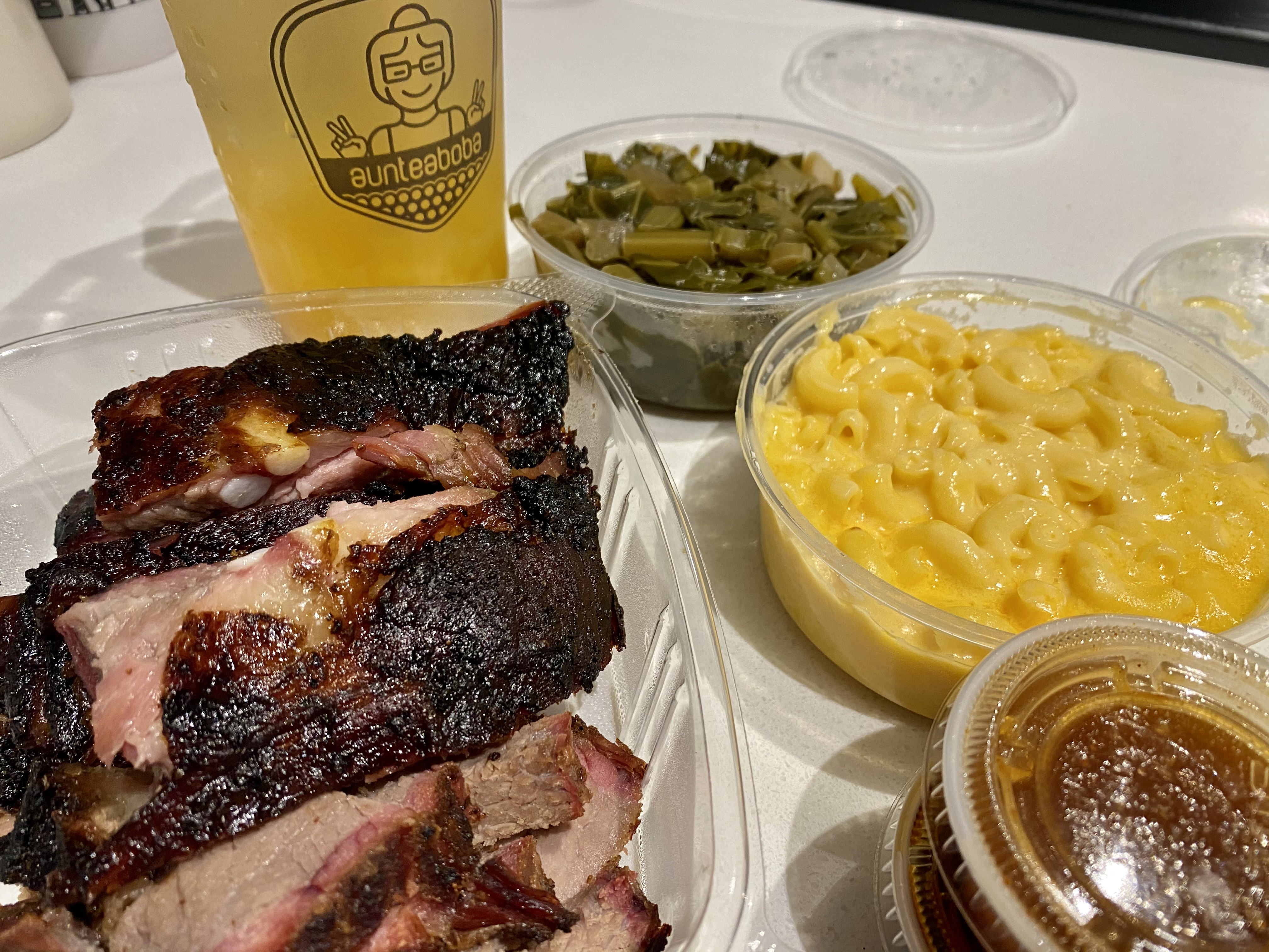 Ribs, tea, and sides from Aunteaboba x Supreme Barbecue