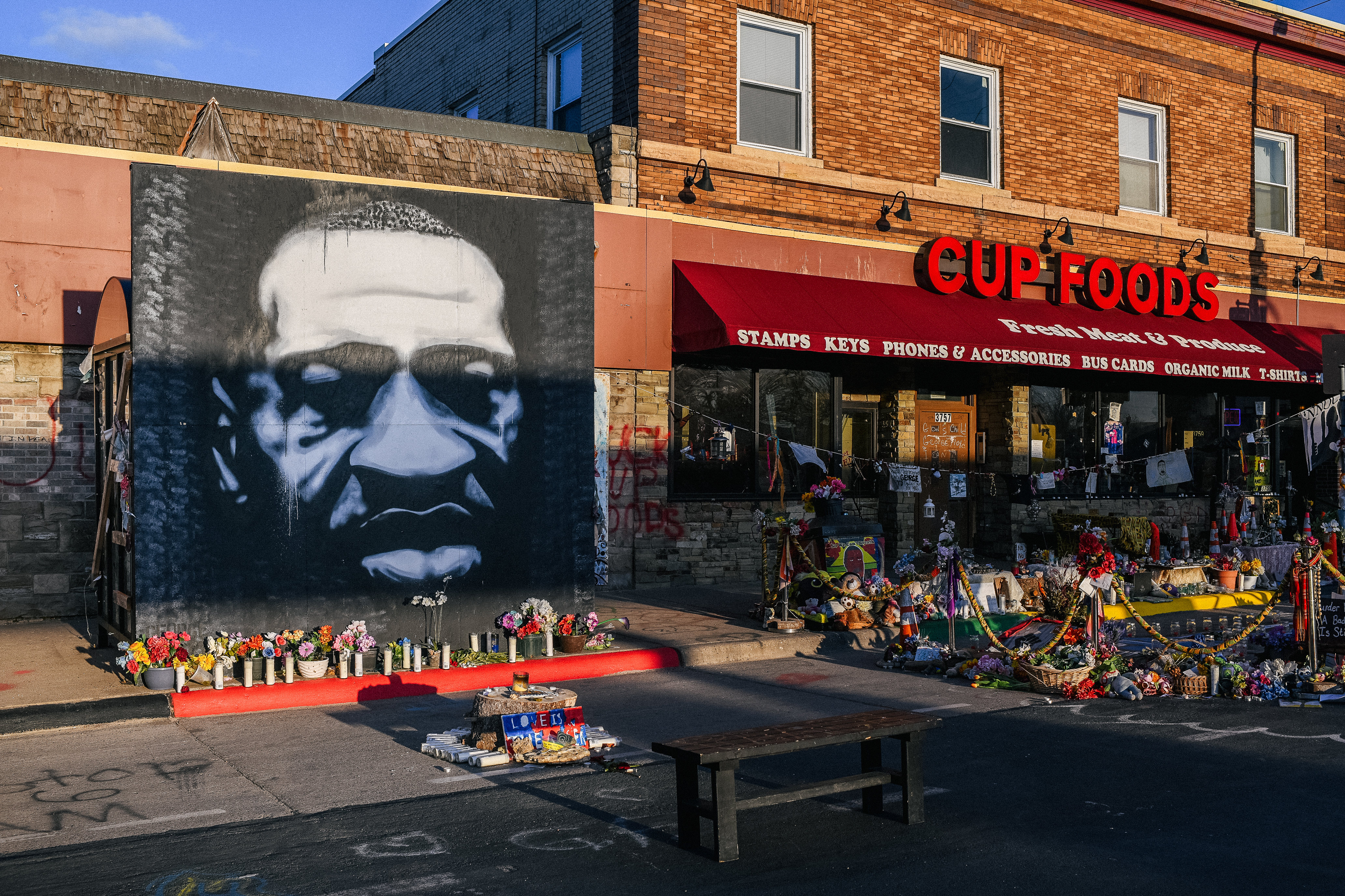 A mural of George Floyd is shown in the intersection of 38th St &amp; Chicago Ave on March 31, 2021 in Minneapolis, Minnesota.