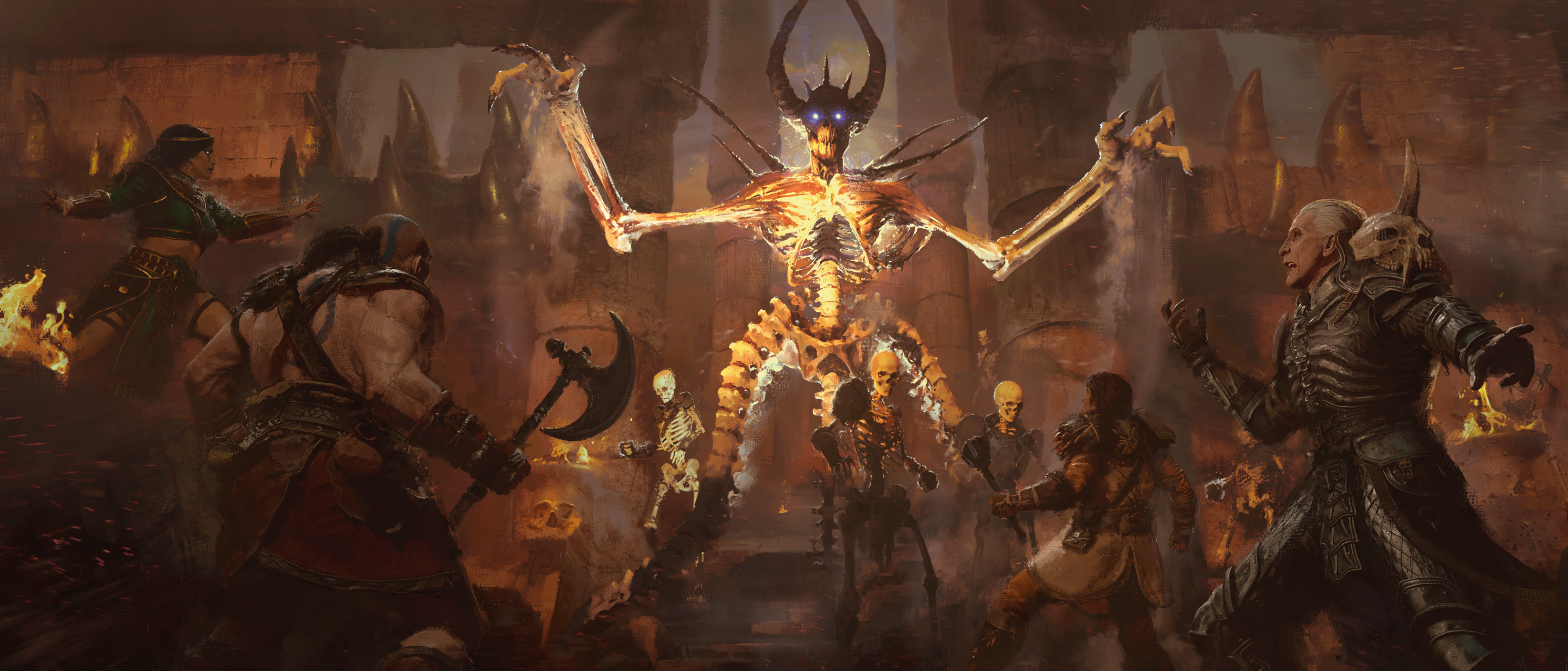 A flaming skeleton towers over adventurers in Diablo 2: Resurrected