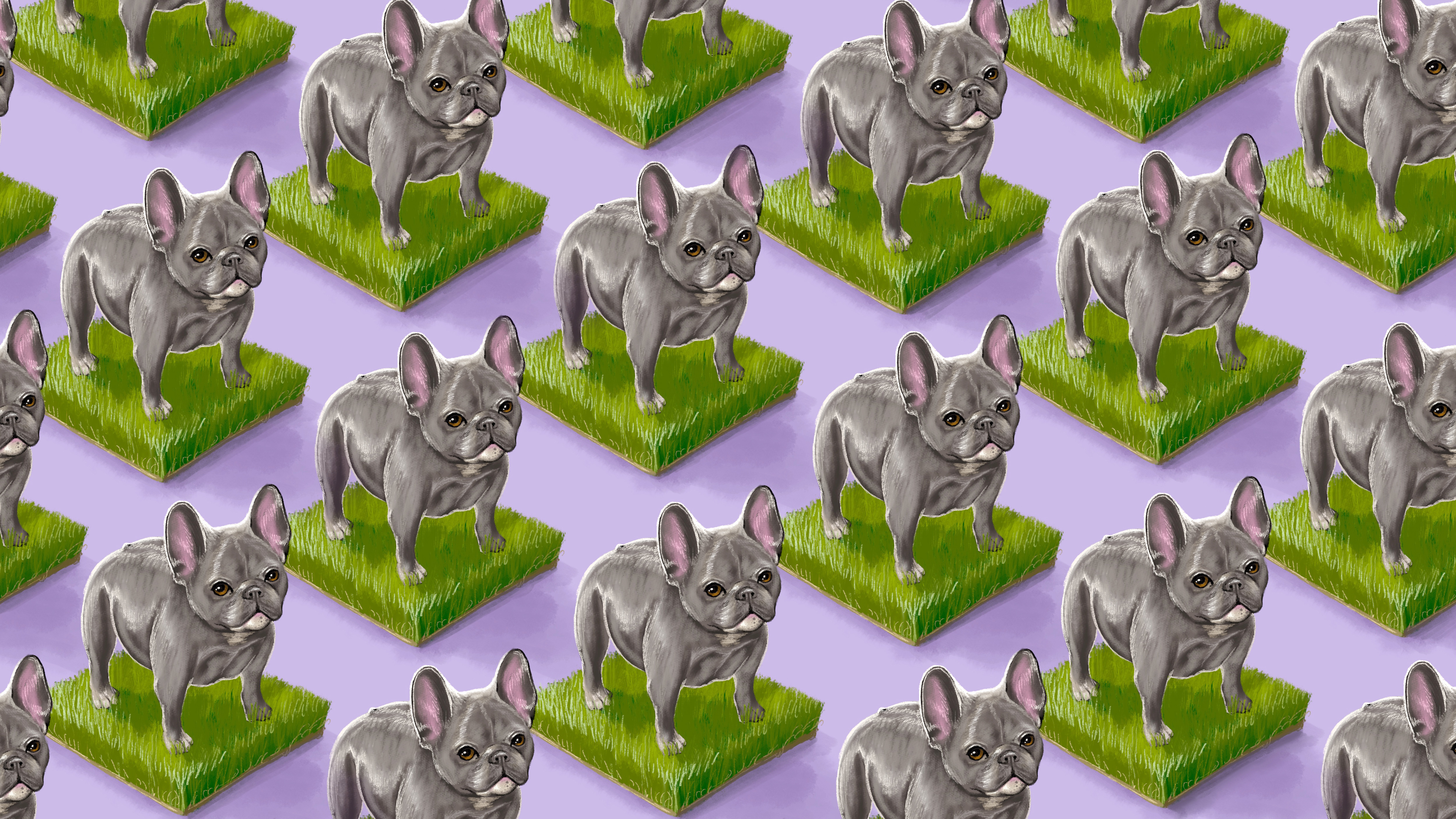 A wallpaper-type illustration of many French bulldogs.