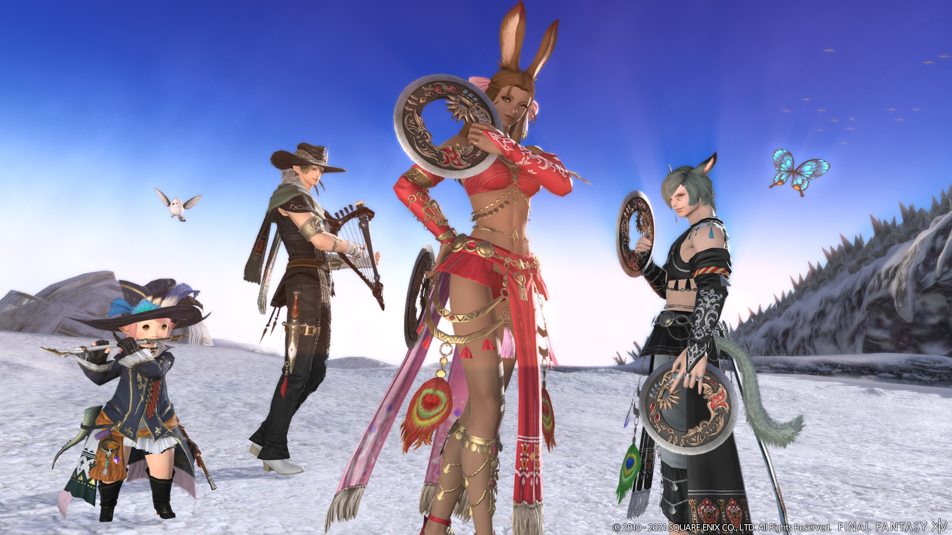 Four different Final Fantasy characters stand on a snowy field with their weapons drawn