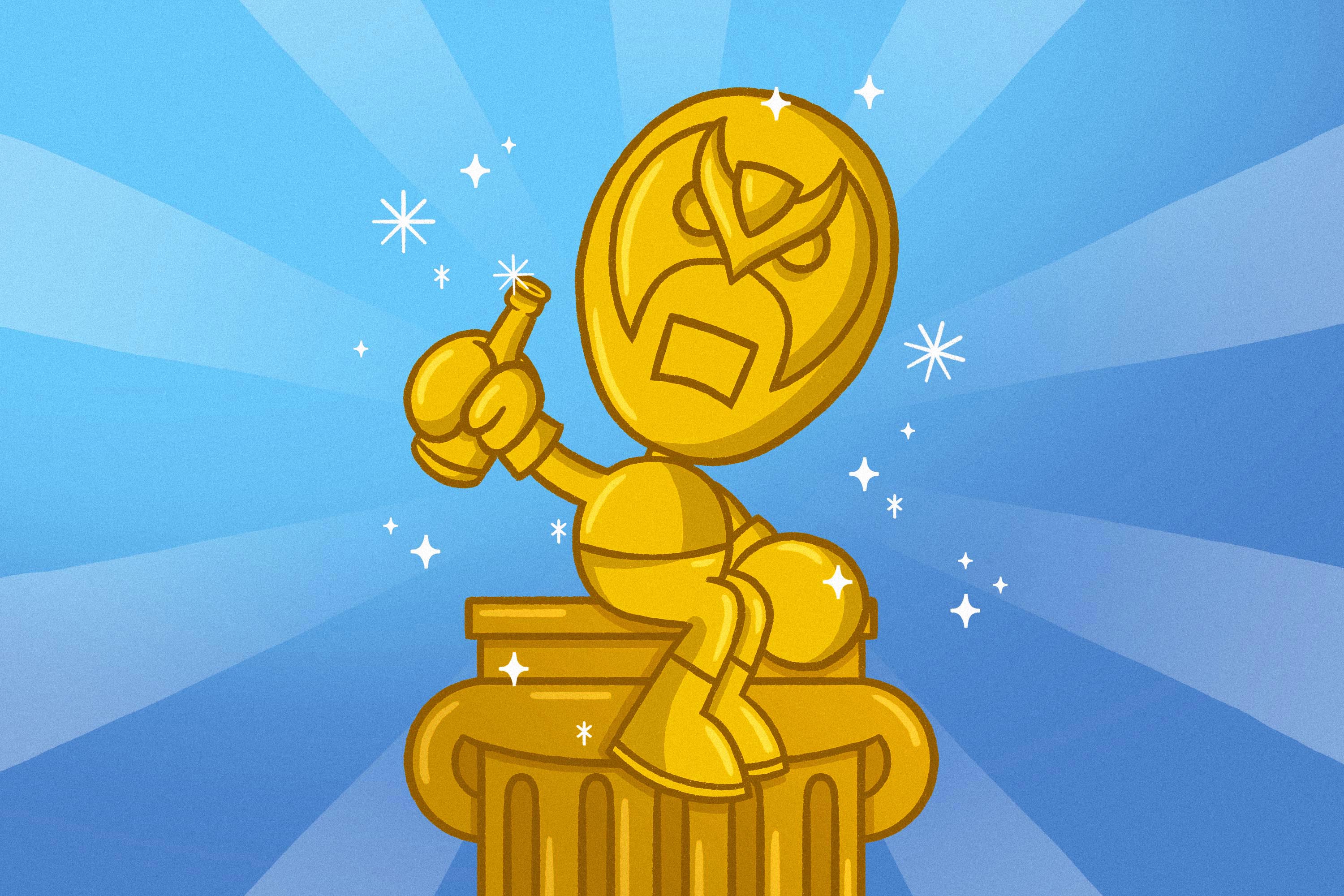 gold version of the Strong Bad character sits atop a gold column