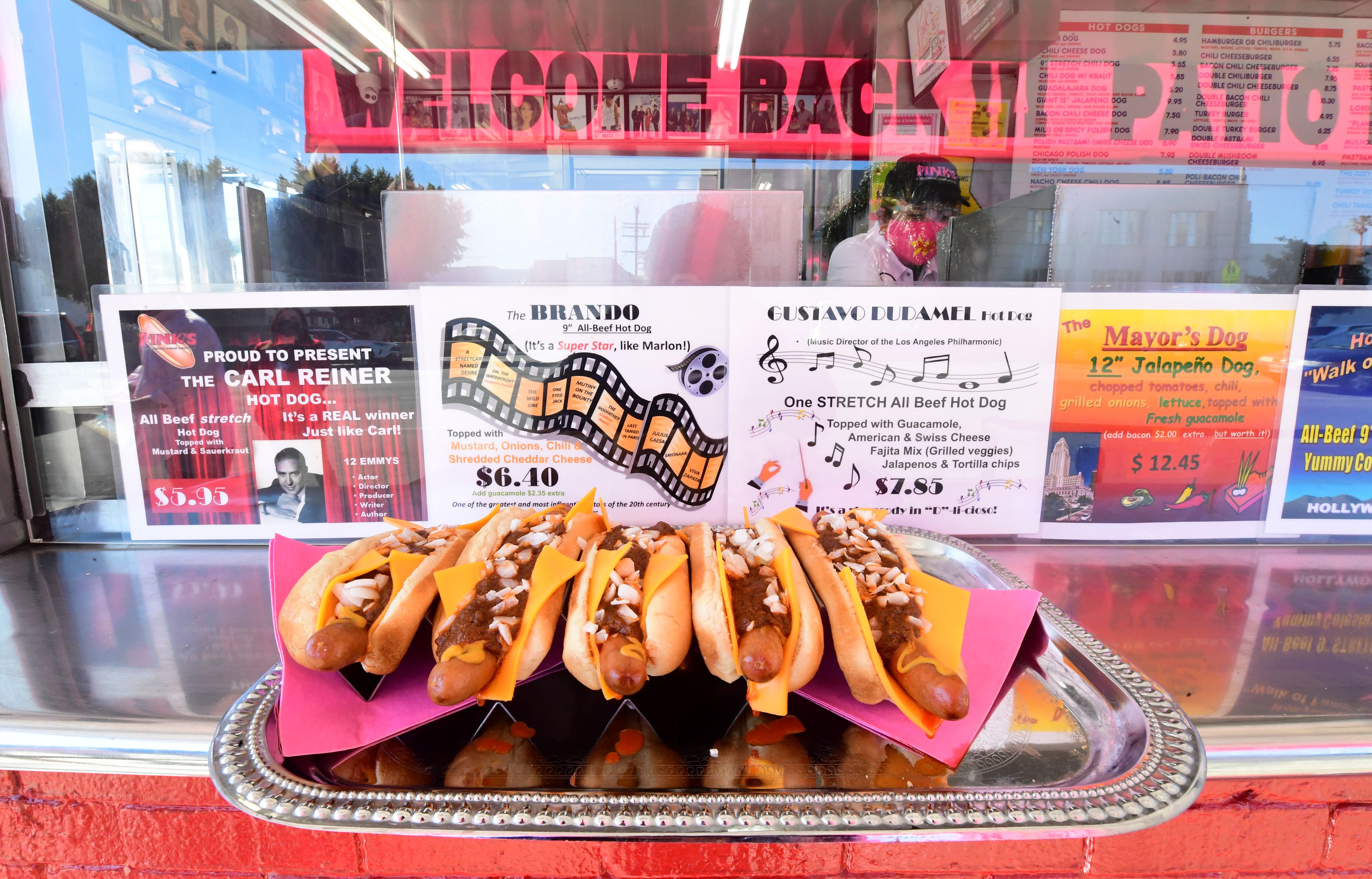 A tray of hotdogs in buns on the counter at Pink’s Hot Dogs in Los Angeles.