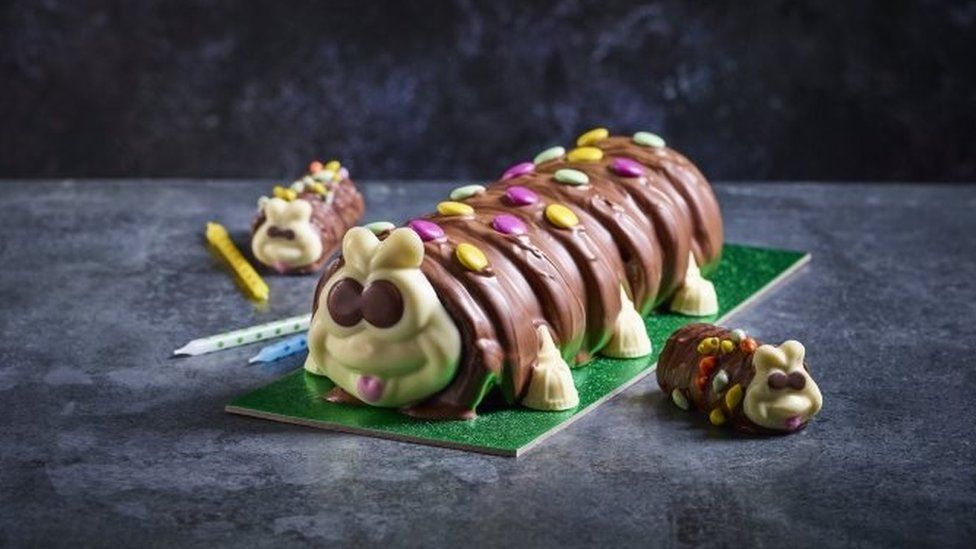 A photo of a chocolate Colin the Caterpillar cake on a dark background