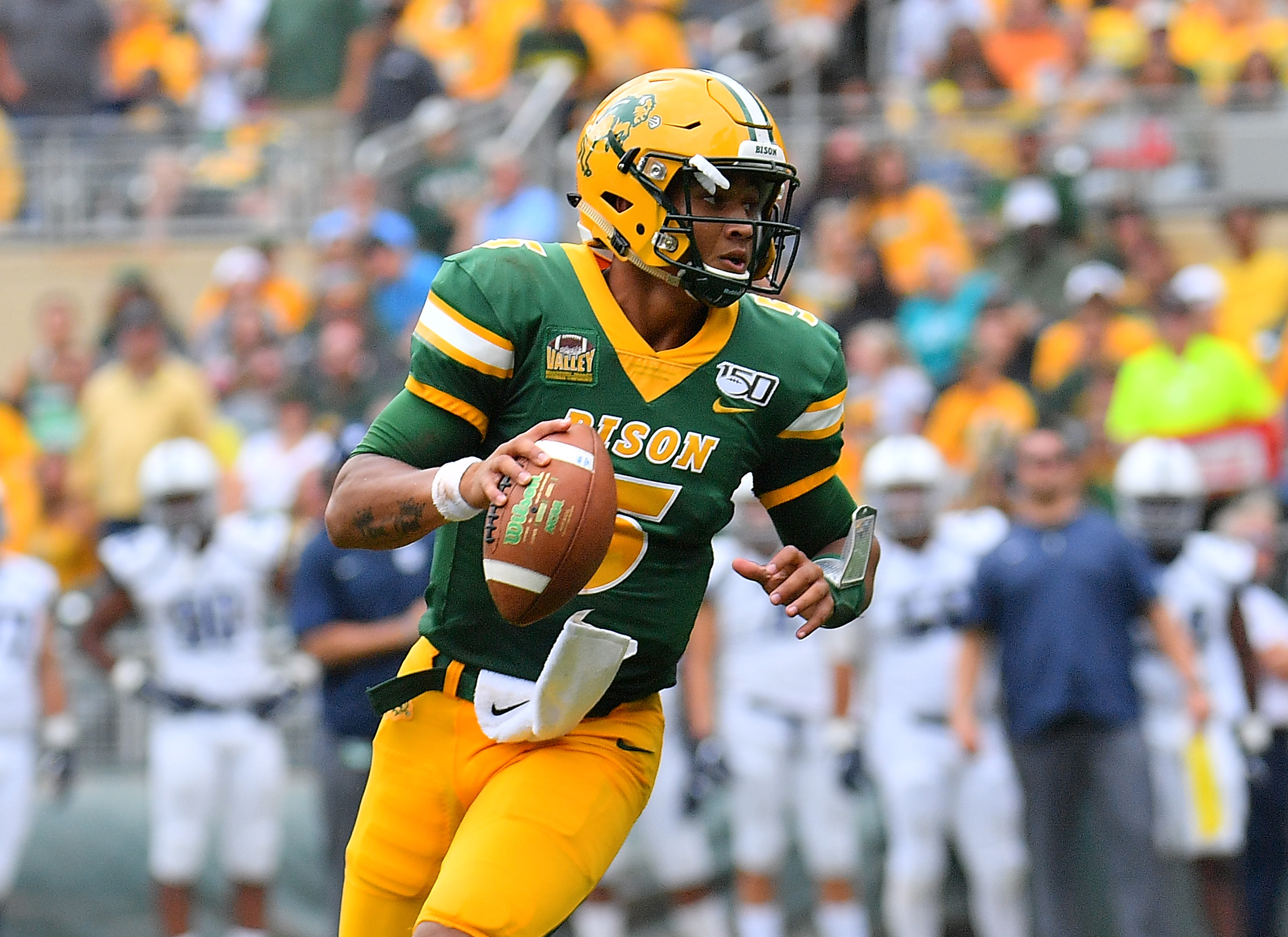 Quarterback Trey Lance #5 of the North Dakota State Bison looks to pass against the Butler Bulldogs during their game at Target Field on August 31, 2019 in Minneapolis, Minnesota.