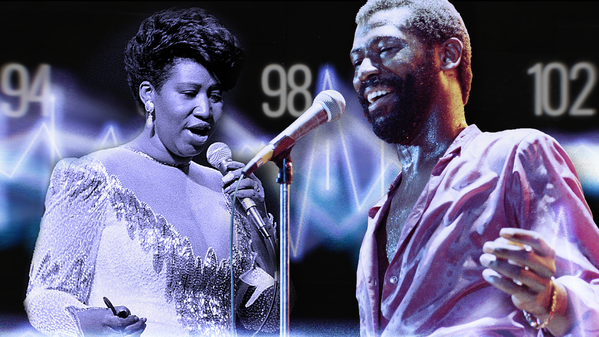 Teddy Pendergrass and Aretha Franklin sing against a glowing radio wave backdrop