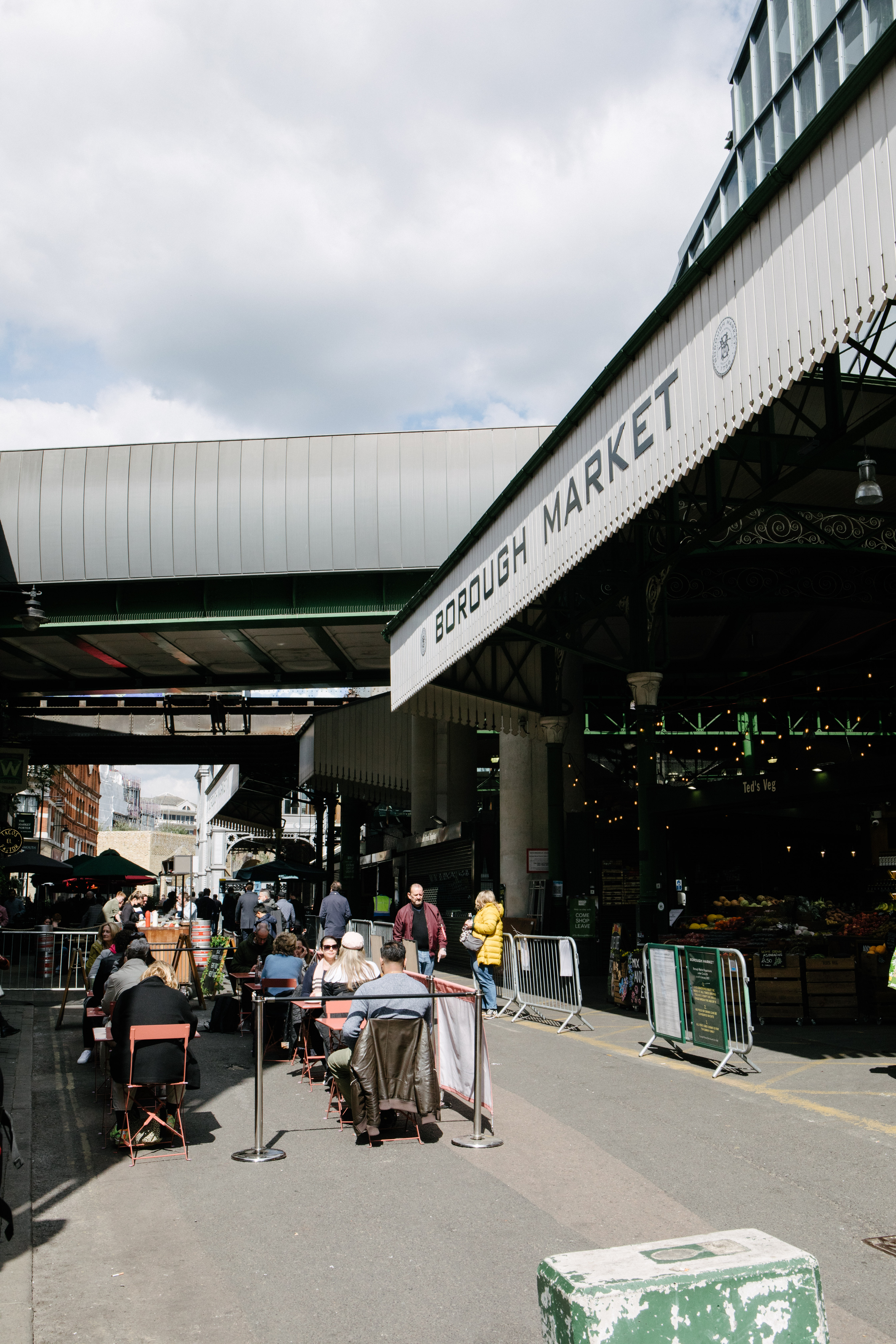 Guests sit at tables in Borough Market this week as London restaurants and pubs reopened for outdoor dining after four months of lockdown to halt the spread of coronavirus