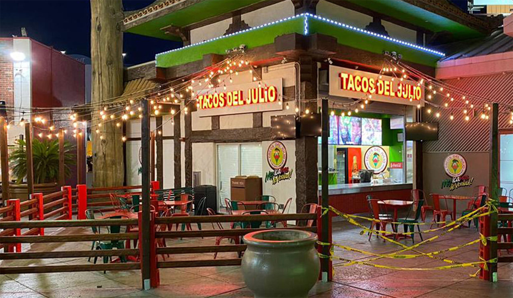 The exterior of Tacos del Julio and its outdoor seating area, now open at the Strip’s Hawaiian Marketplace.