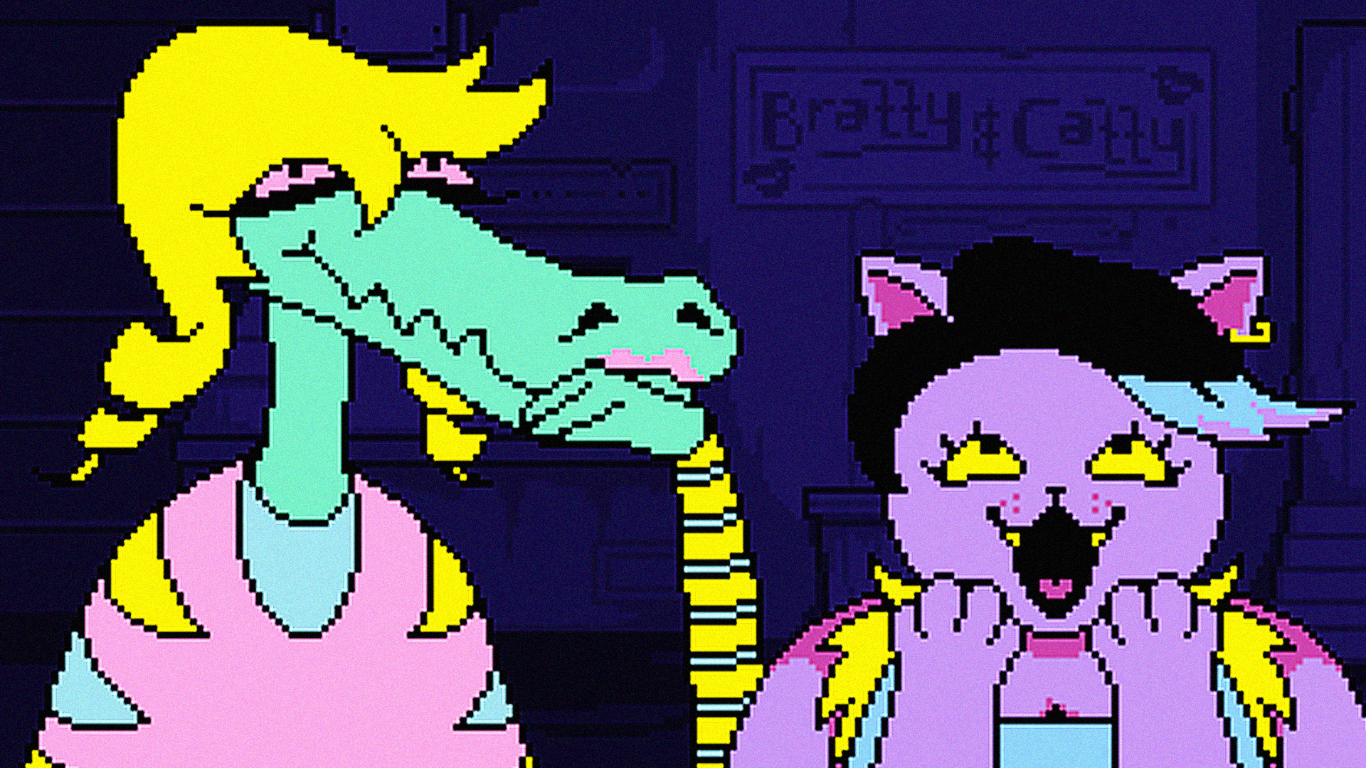 Two cartoon style characters from a video game: A green crocodile with a blonde wig and purple cat