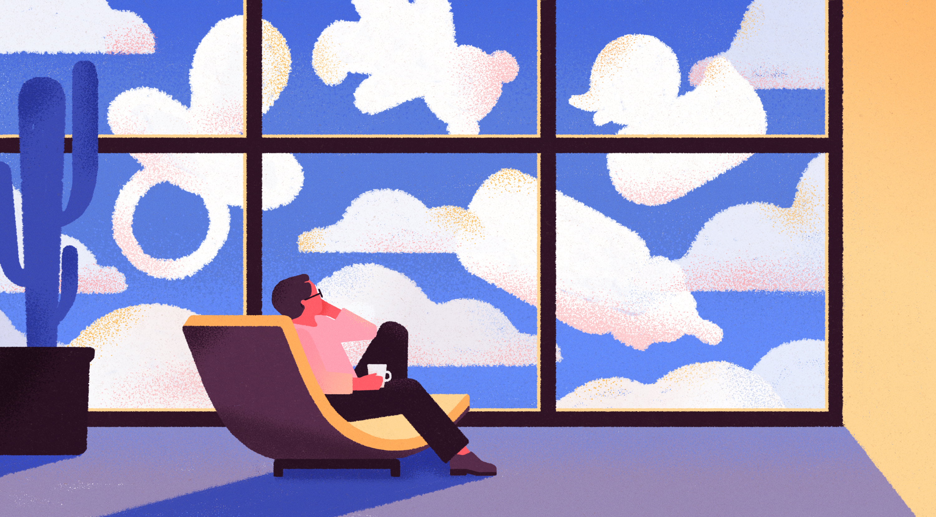 Illustration of a person in a chair looking out the window at clouds in the shapes of a baby bottle, a teddy bear, a pacifier, and a rubber duck.