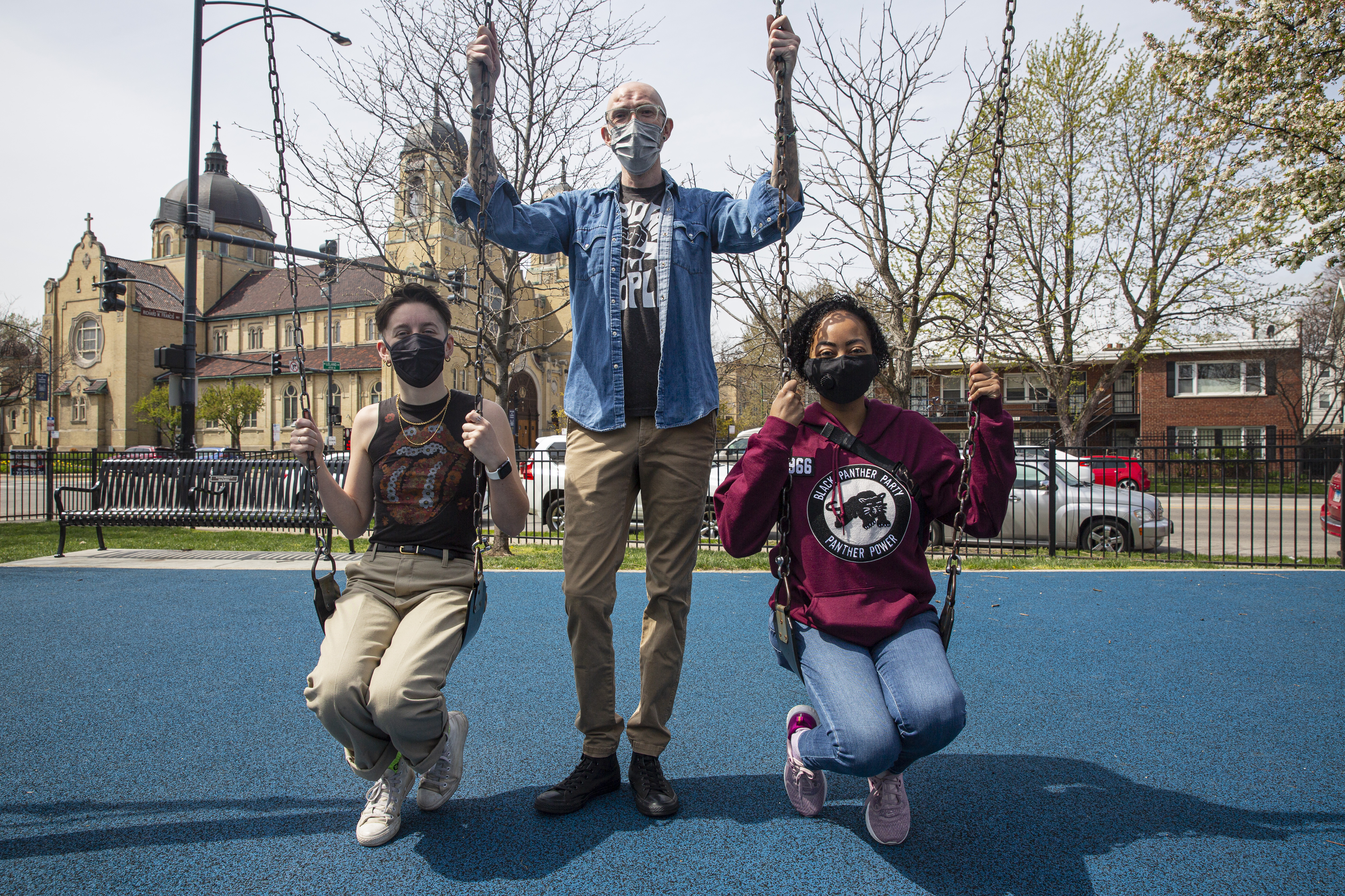 From left to right, Alice Scharf, Nathan Branch, and Jahmelah Miller, organizers of the #Commenceanyways citywide graduation event, pose for a portrait at Chase Park in Ravenswood, Sunday, April 18, 2021. 