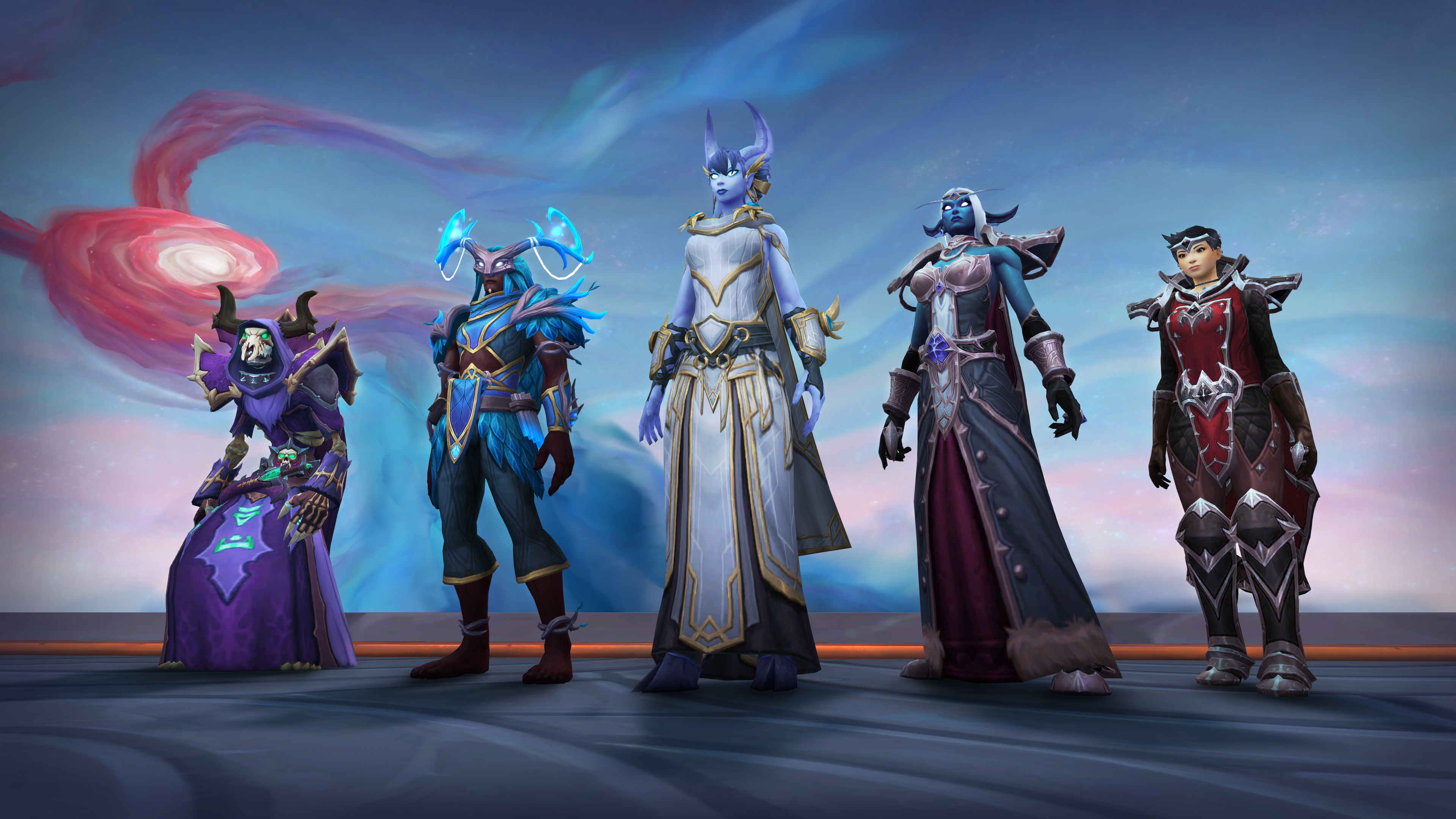 World of Warcraft - four players pose for the camera, all wearing cosmetic options to represent the five major factions of the Shadowlands so far.