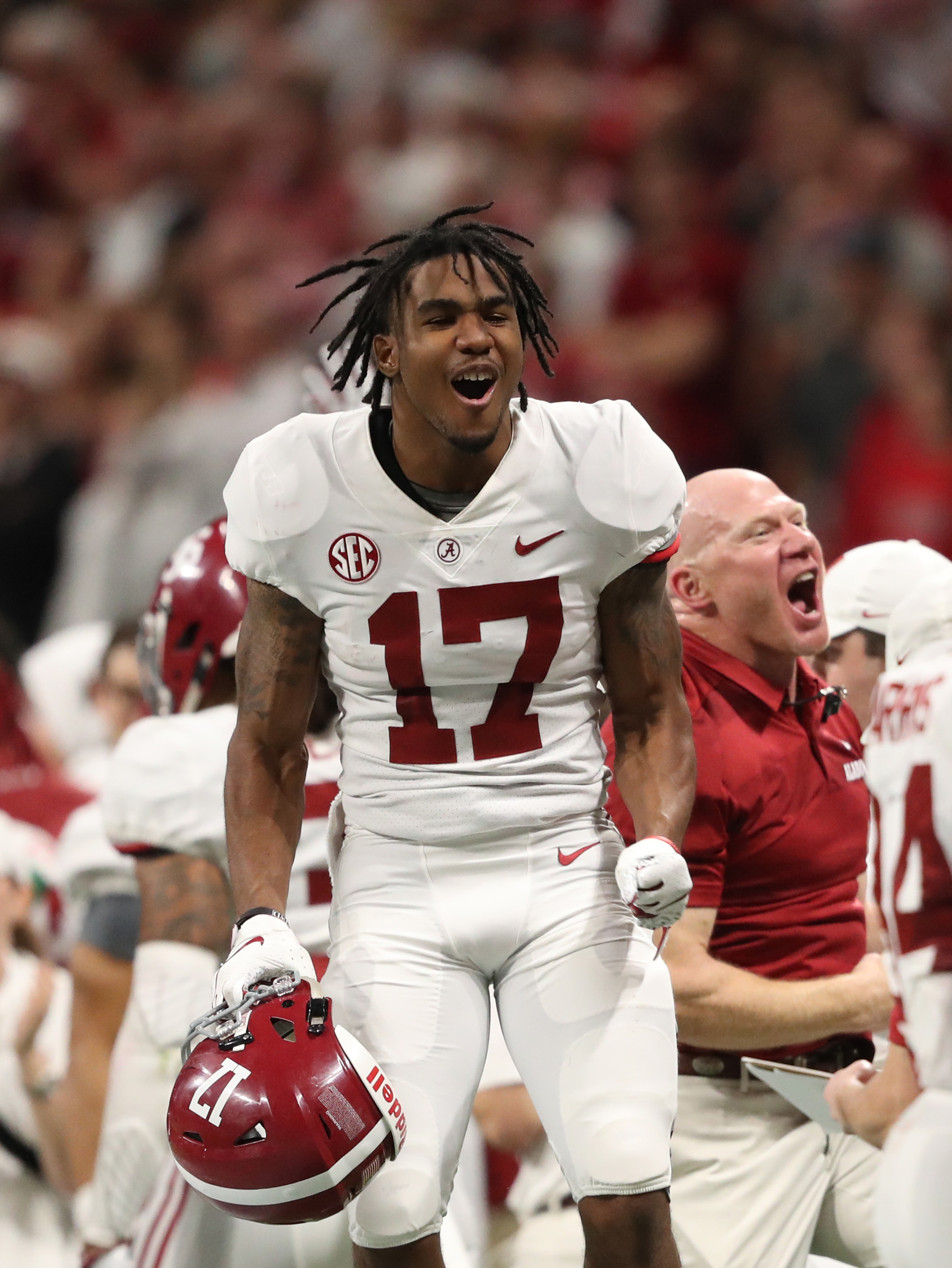 Alabama Crimson Tide wide receiver Jaylen Waddle reacts during the fourth quarter against the Georgia Bulldogs in the SEC championship game at Mercedes-Benz Stadium.