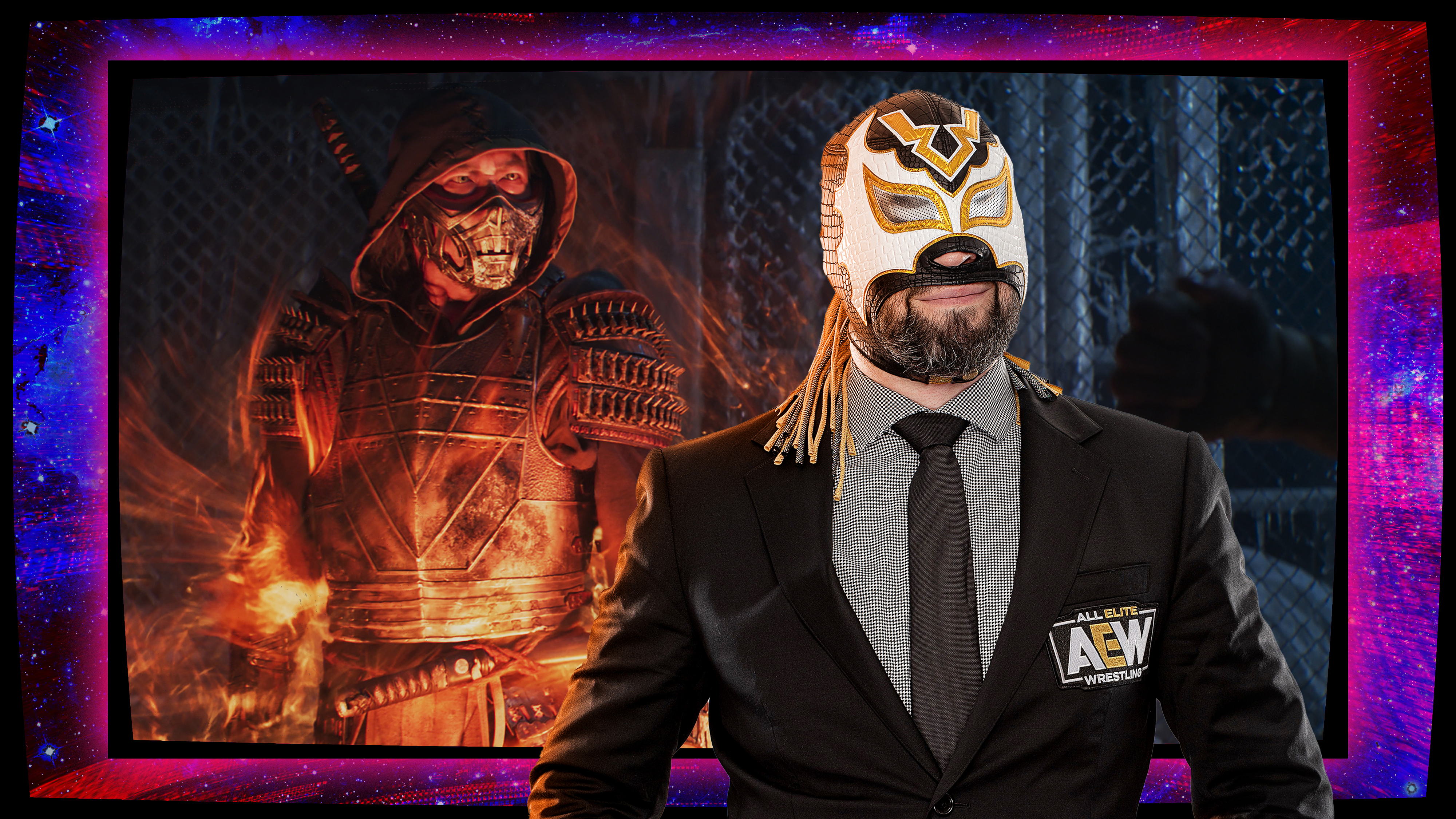 Man wearing a suit and wrestling mask stands in front of an image from the Mortal Kombat movie.