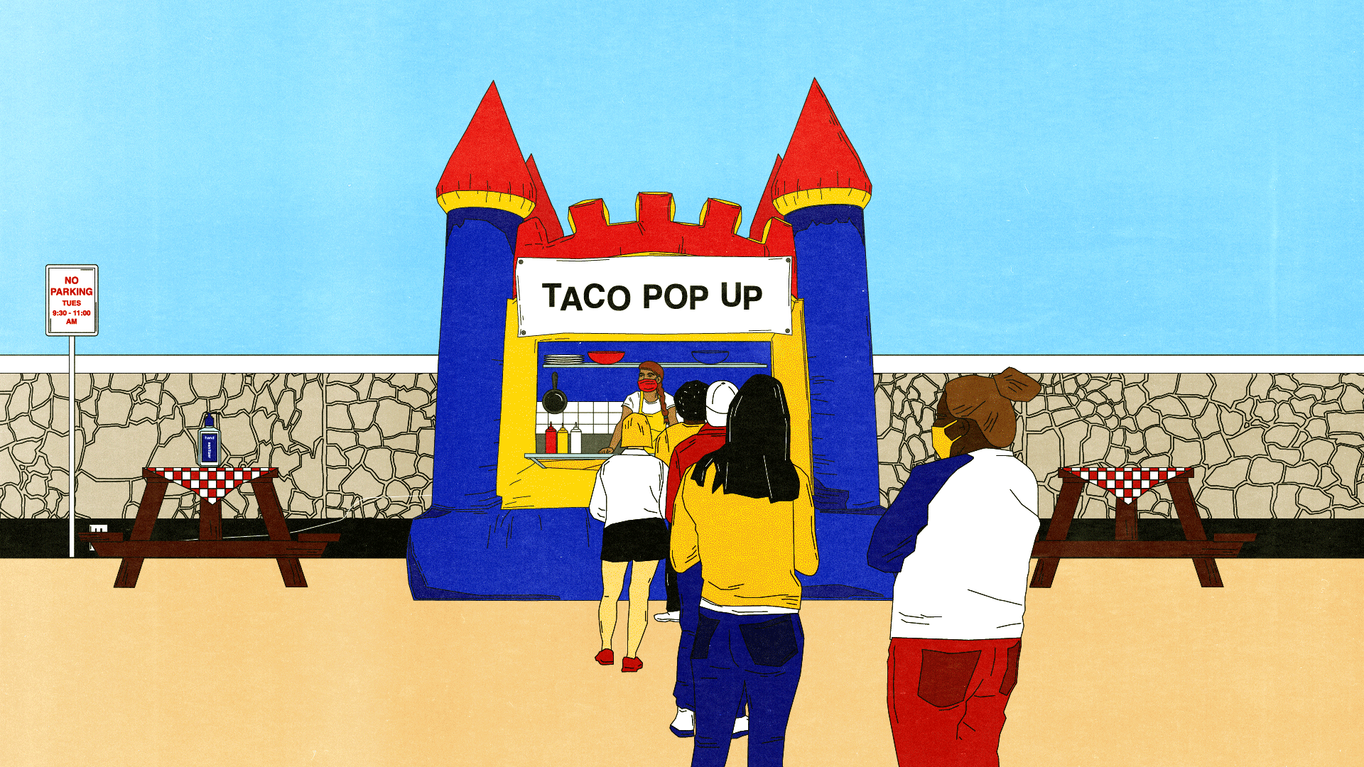 Moving image of a line of people in front of a bounce house with sign saying “taco pop-up,” the people gradually disappear and the bounce house deflates. 