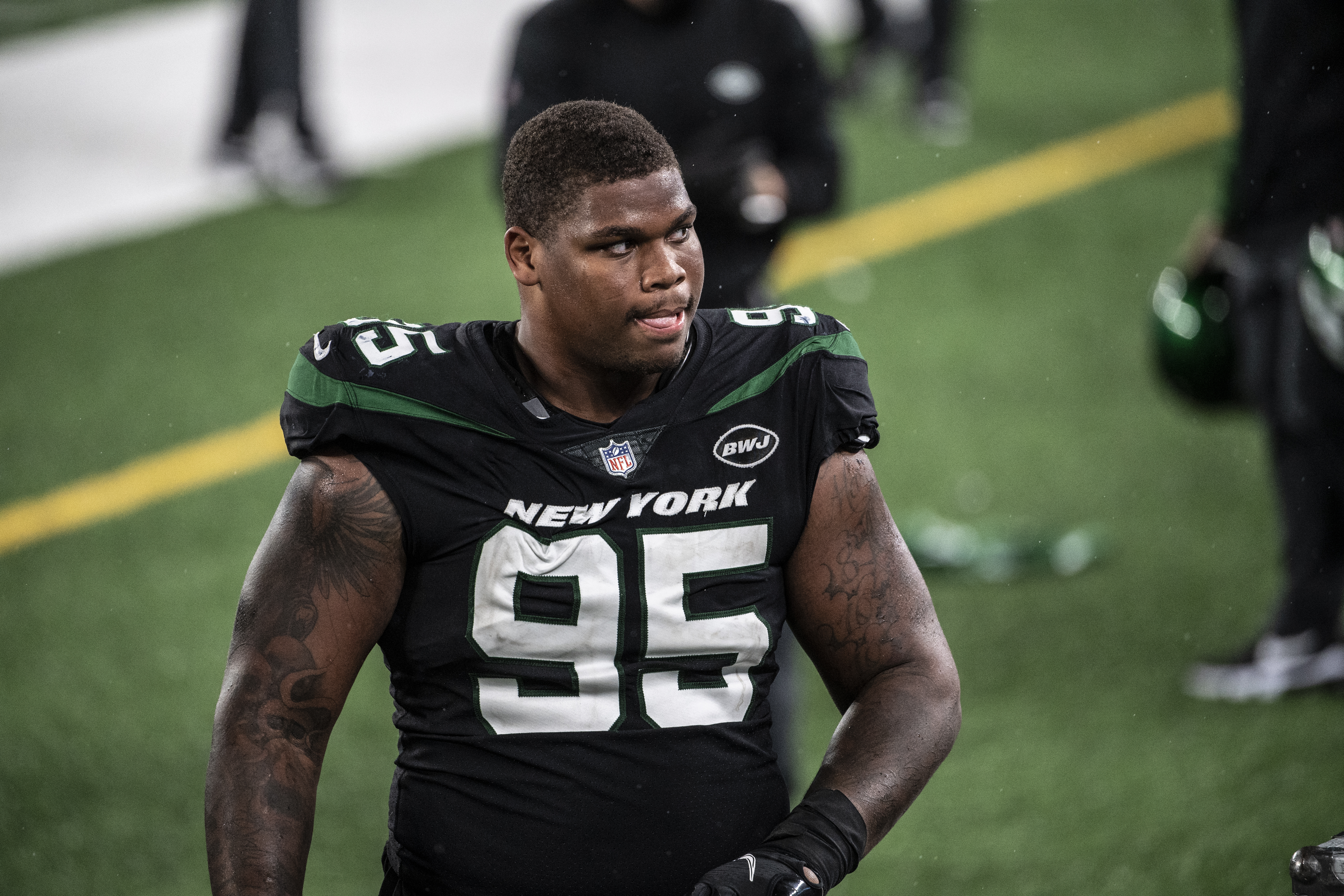 Quinnen Williams #95 of the New York Jets at MetLife Stadium on October 1, 2020 in East Rutherford, New Jersey.