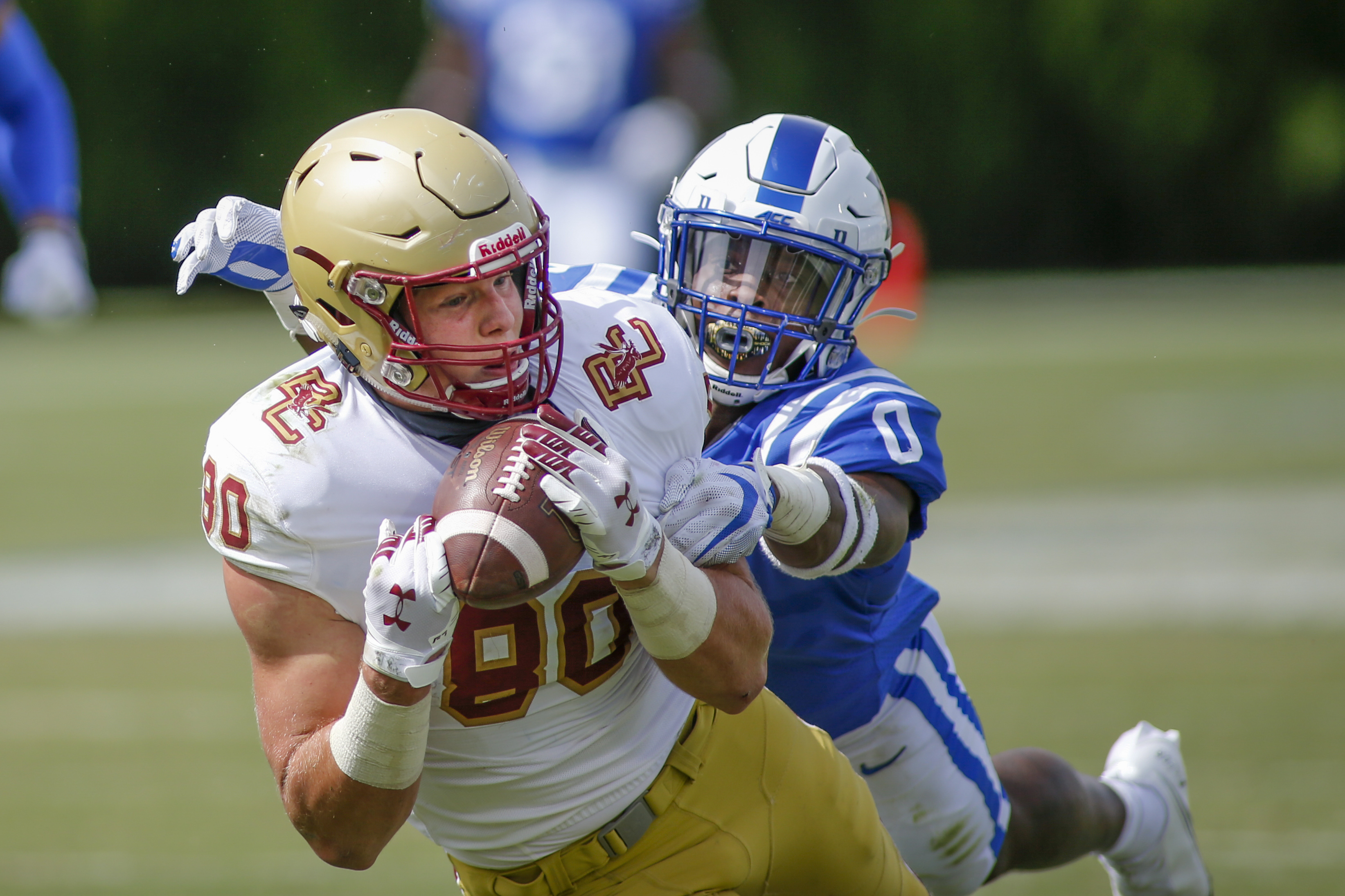 Boston College Eagles tight end Hunter Long (80) catches a pass against Duke Blue Devils safety Marquis Waters in the fourth quarter at Wallace Wade Stadium. The Boston College Eagles won 26-6.