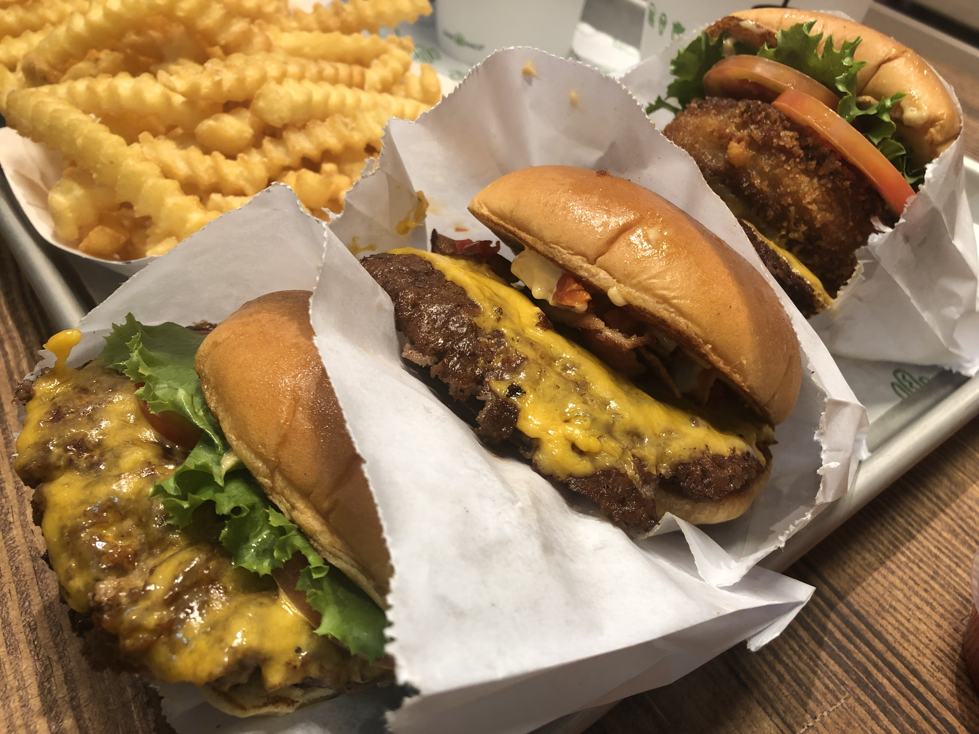 Shake Shack burgers and fries on a tray
