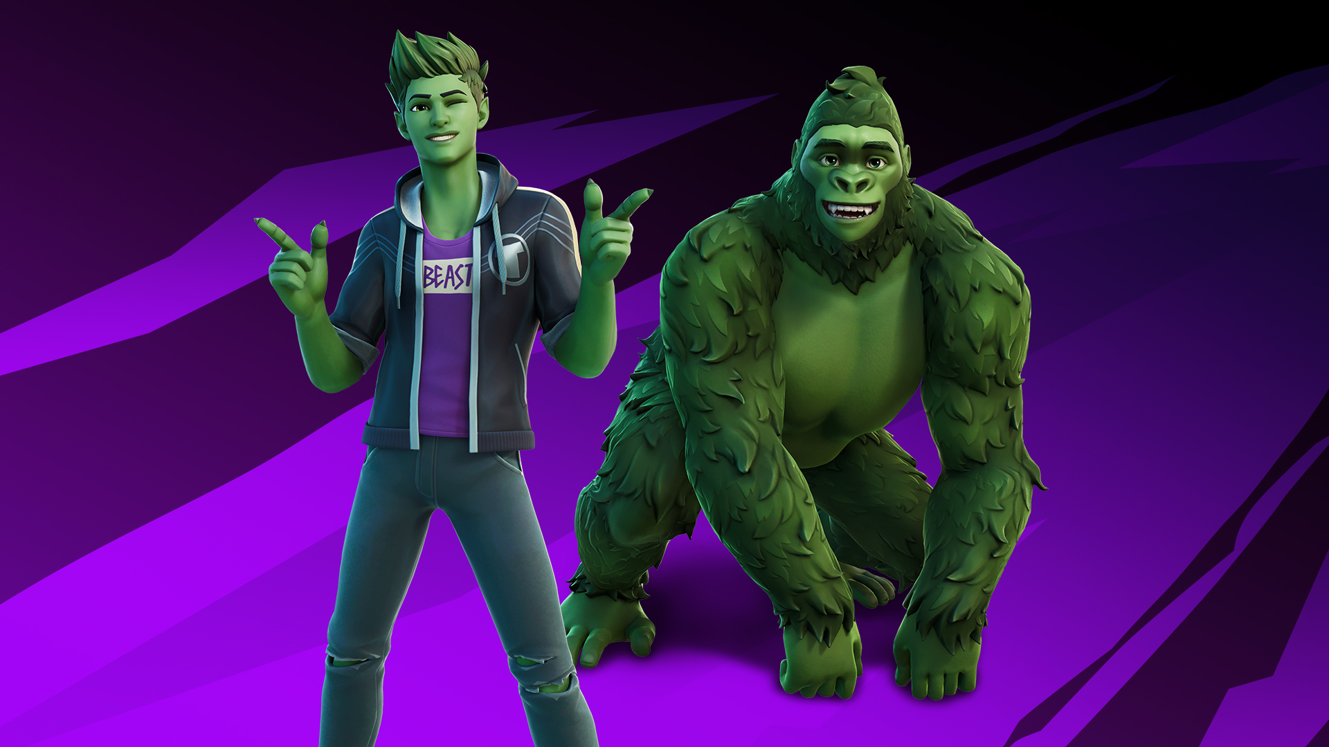 promotional image showing DC Comics’ Beast Boy, alongside his gorilla form, in Fortnite
