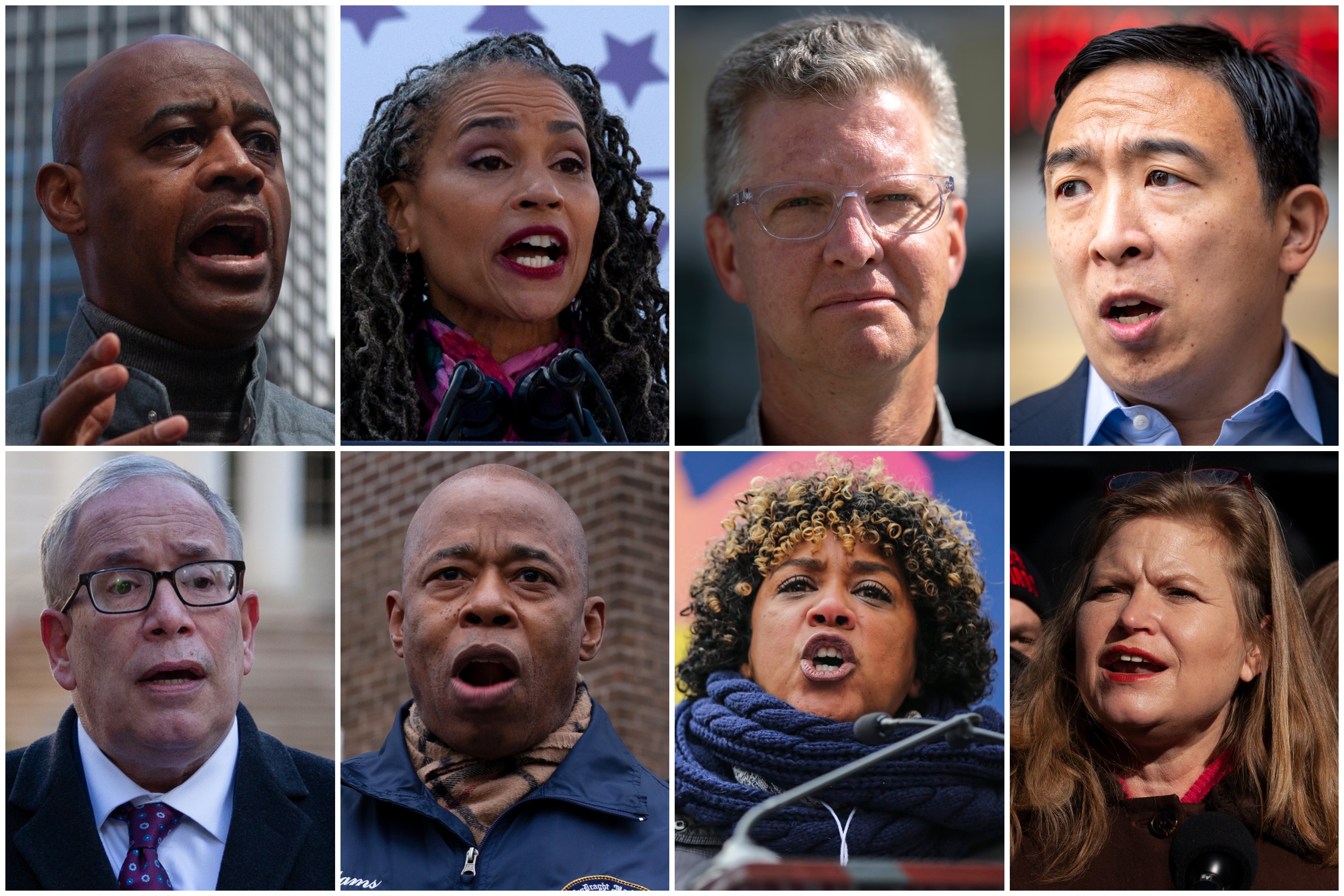Mayoral candidates, clockwise from top left: Ray McGuire, Maya Wiley, Shaun Donovan, Andrew Yang, Kathryn Garcia, Dianne Morales, Eric Adams and Scott Stringer.
