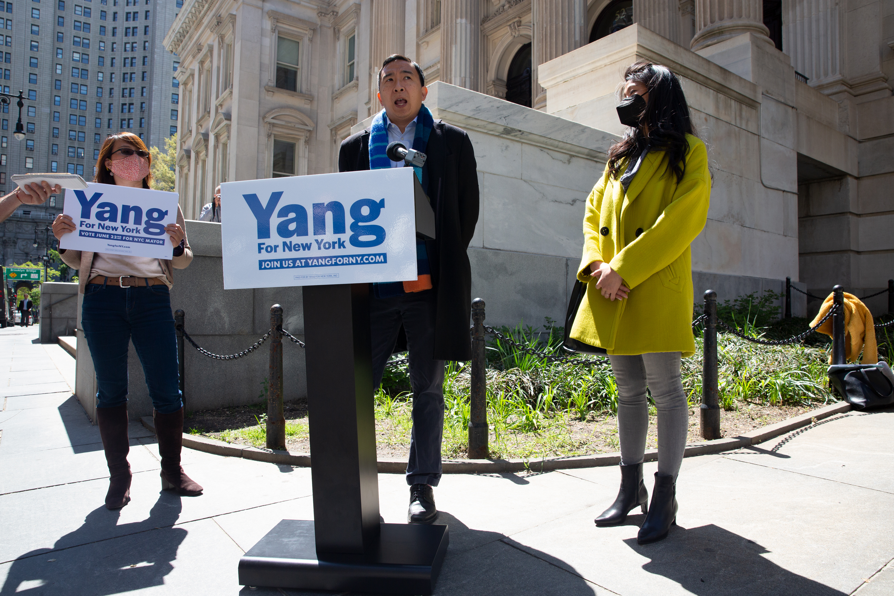 Mayoral candidate Andrew Yang advocates for reopening city schools during a press conference in front of Department of Education headquarters, May 11, 2021.