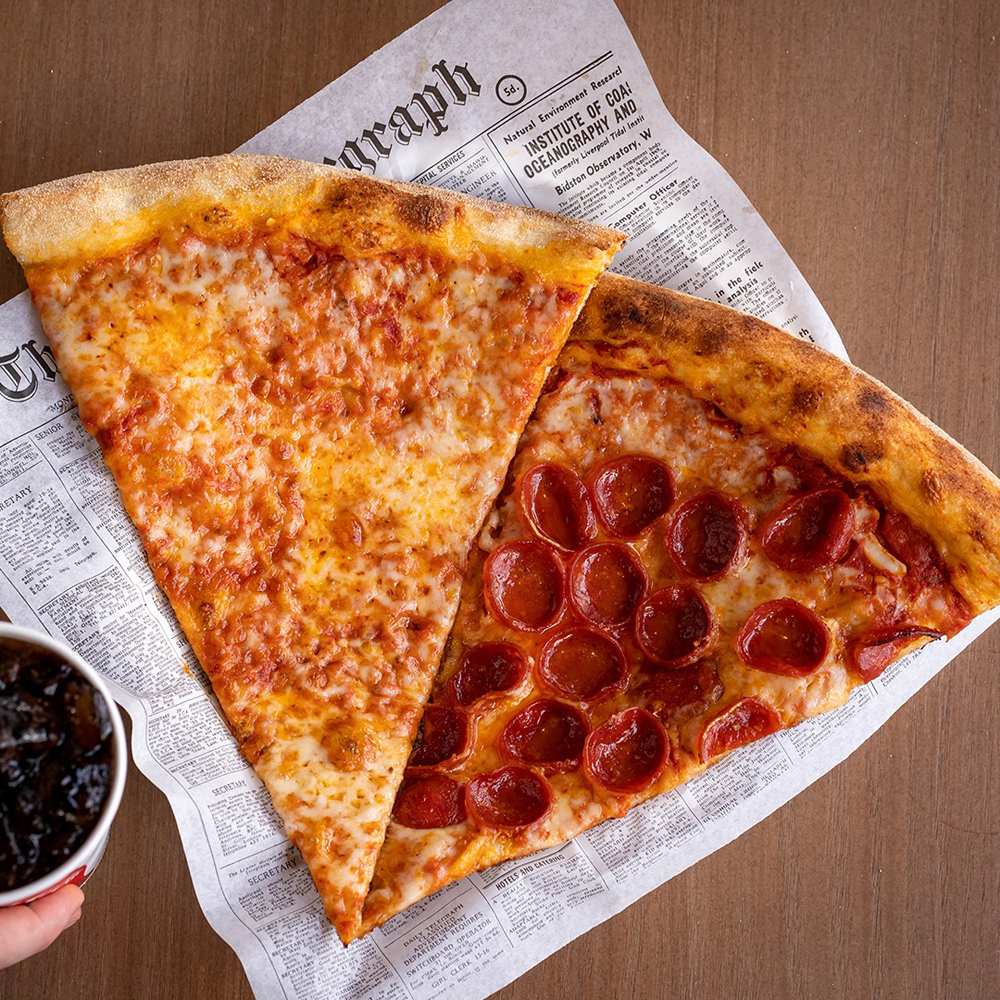 A pepperoni and regular slice from Side Piece pizzeria, coming soon to the Red Rock Resort.