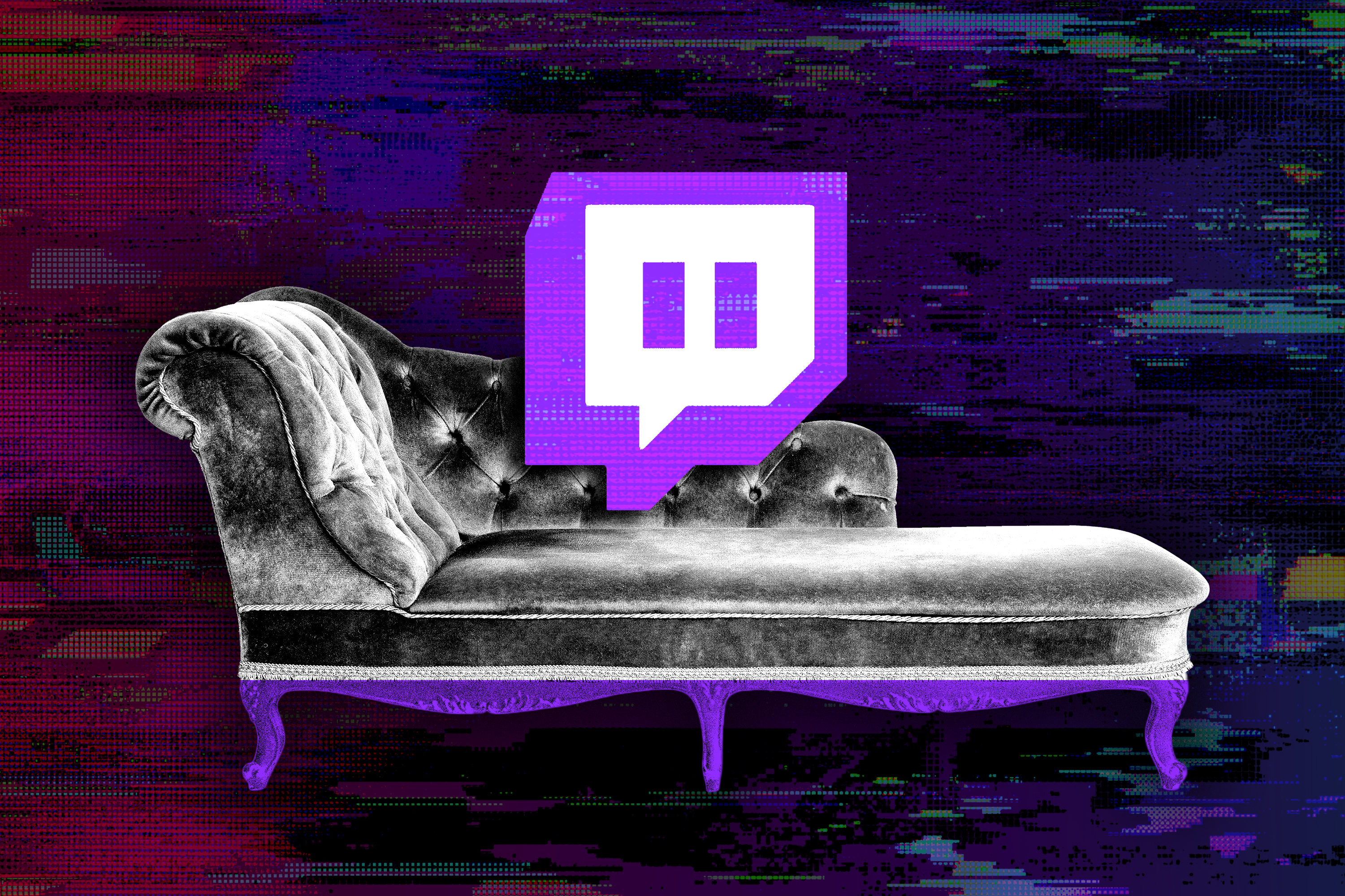 Illustration of a couch on a dark background with a Twitch logo hovering above