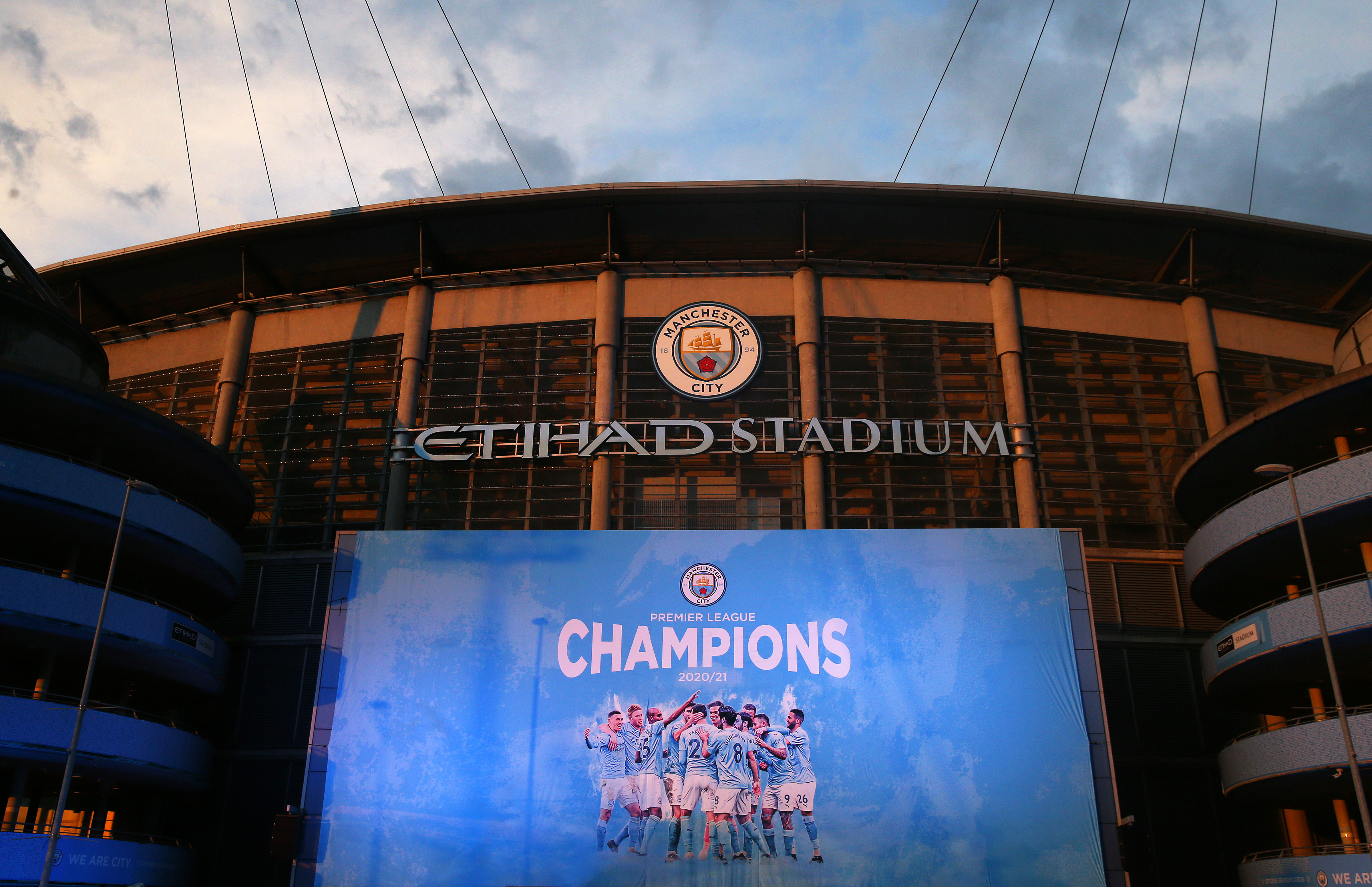 Champions banner is seen outside Etihad Stadium - Manchester City - Premier League