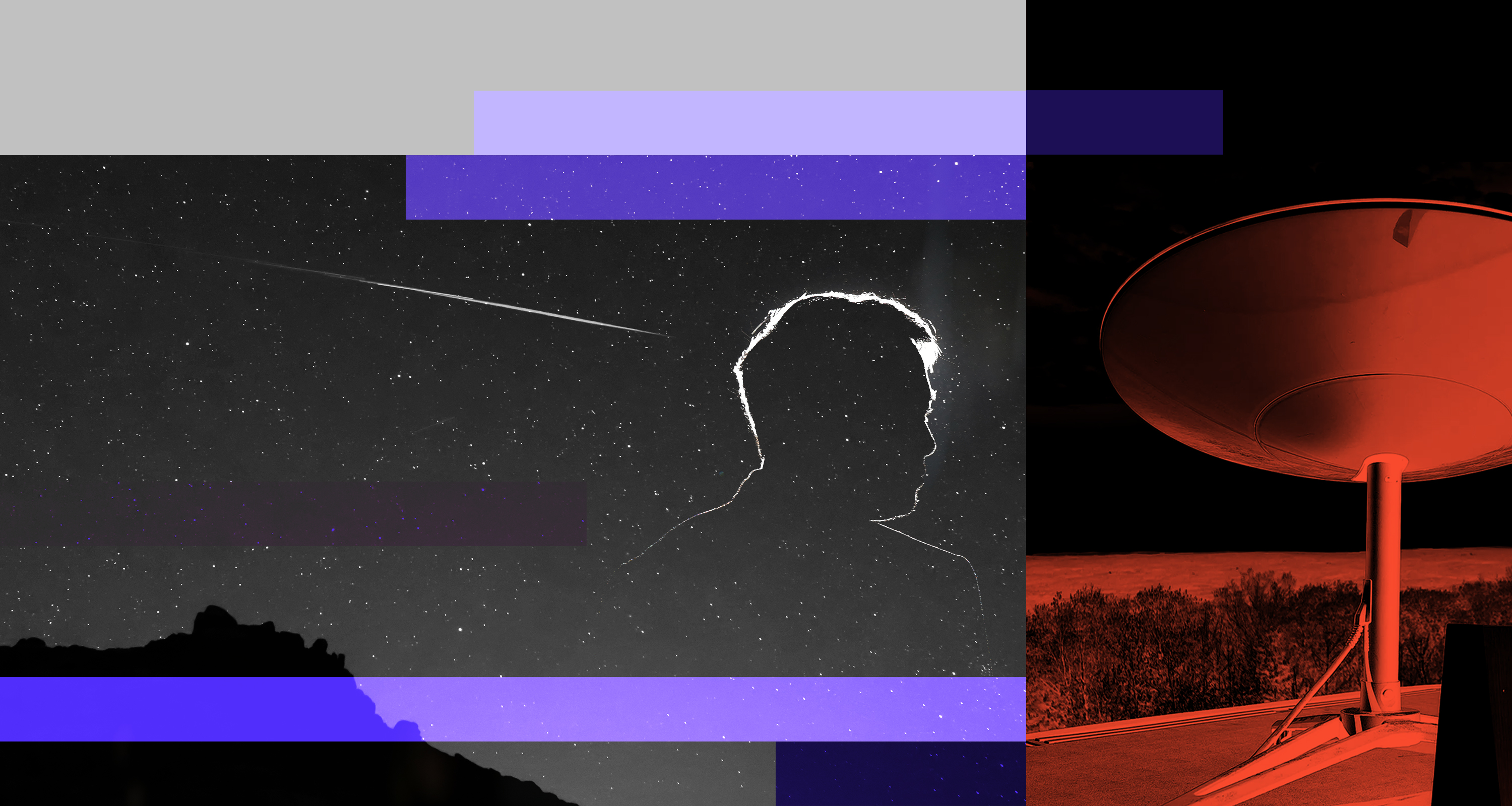 A photo-illustration of Elon Musk in silhouette in front of a night sky with a streak of light and beside a satellite dish.