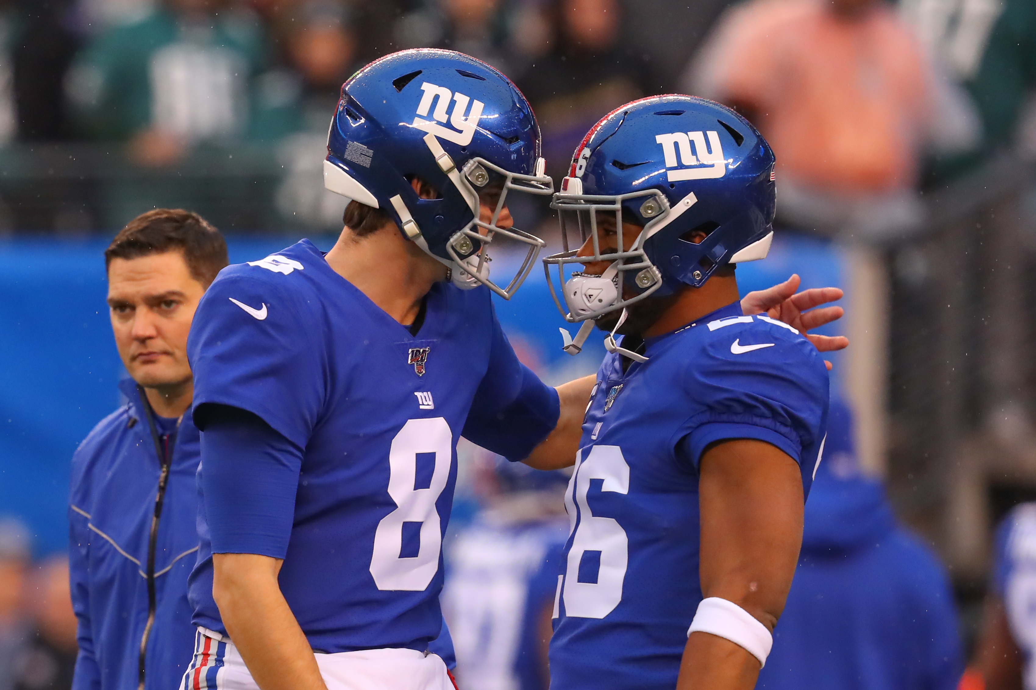 New York Giants quarterback Daniel Jones (8) and New York Giants running back Saquon Barkley (26) prior to the National Football League game between the New York Giants and the Philadelphia Eagles on December 29, 2019 at MetLife Stadium in East Rutherford, NJ.