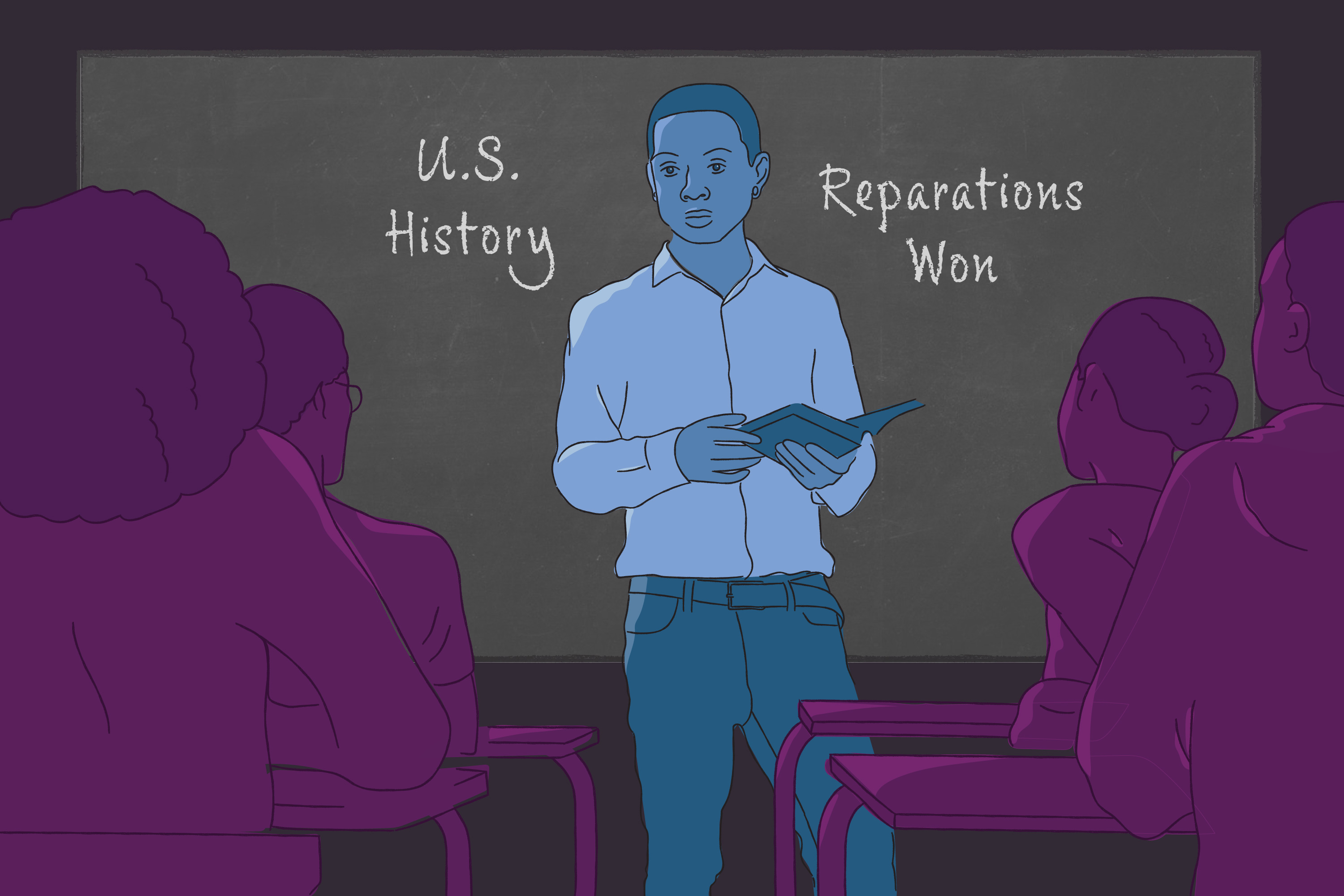 The illustration shows a teacher standing in front of a class of high school students. The blackboard behind him reads “U.S. History” and “Reparations Won.”
