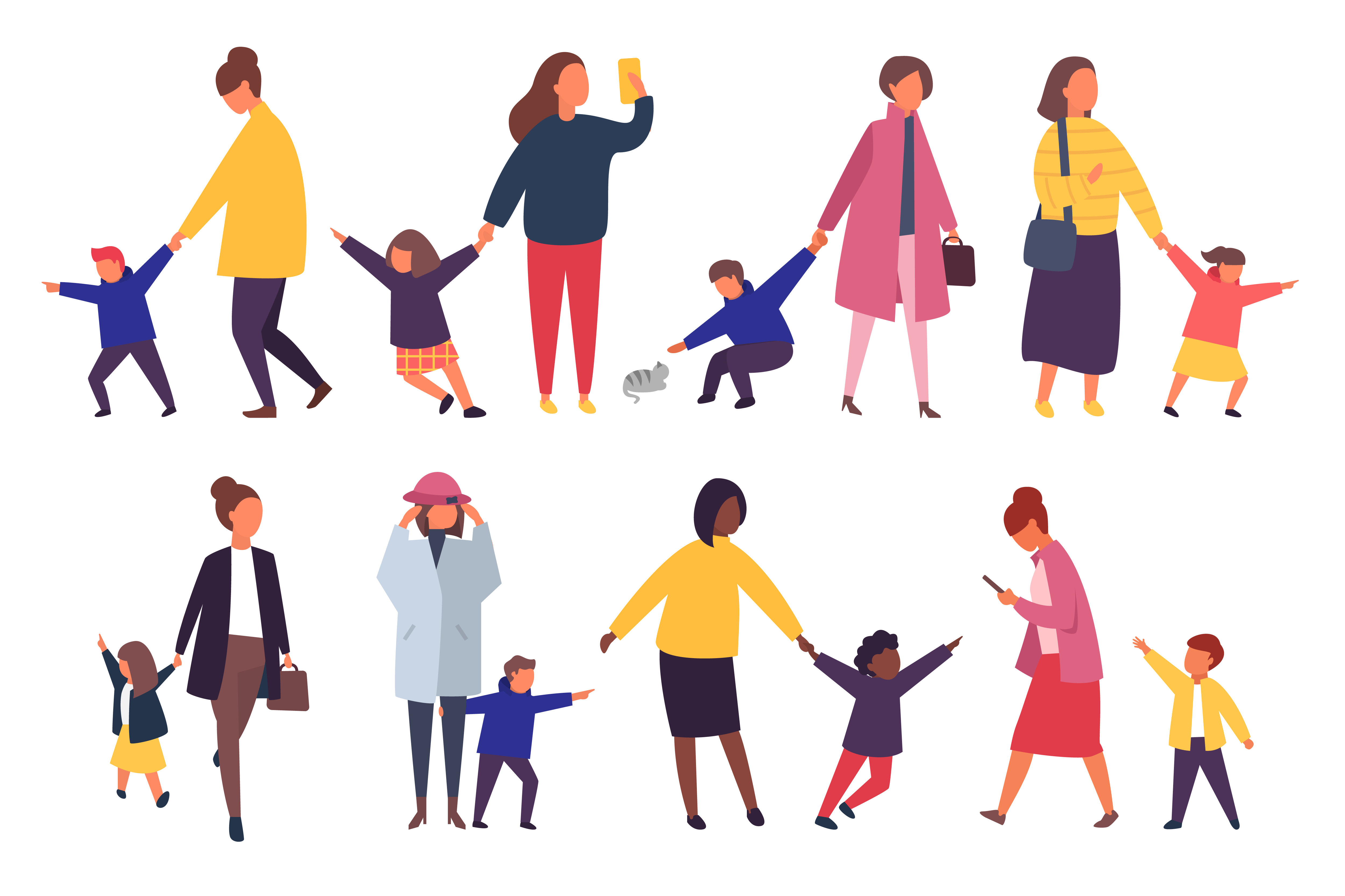 An illustration of eight different mothers being pulled about by eight different children.
