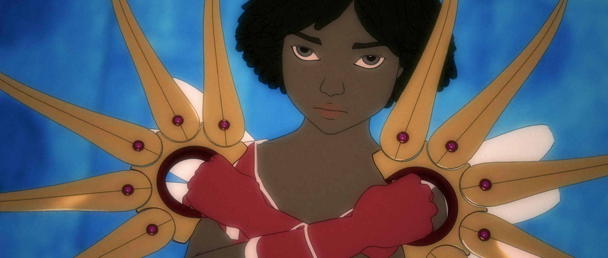 A Black girl holds up two golden hand weapons covered in blades in Battledream Chronicle