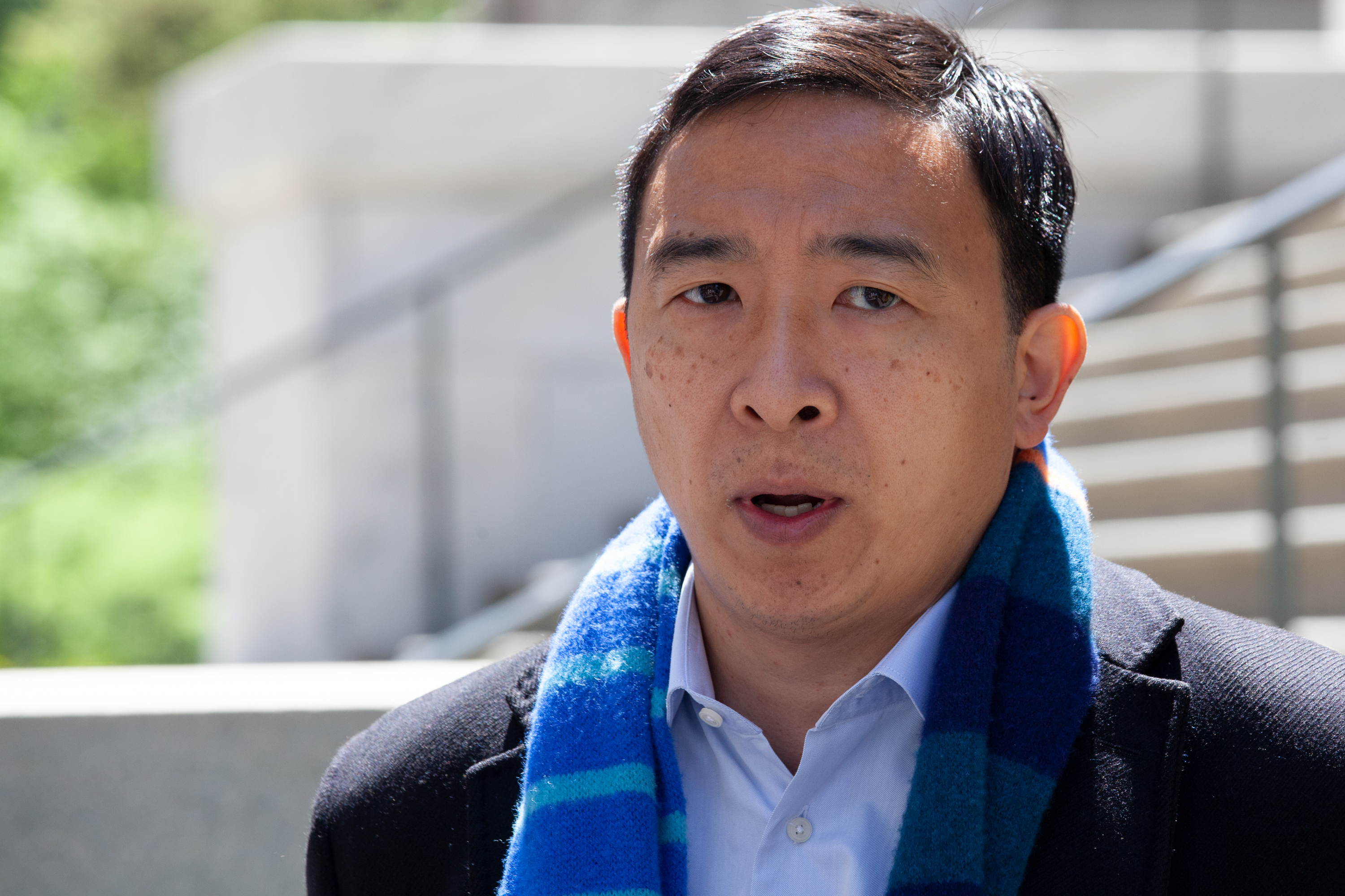 Mayoral candidate Andrew Yang advocates for reopening city schools during a press conference in front of Department of Education headquarters, May 11, 2021.